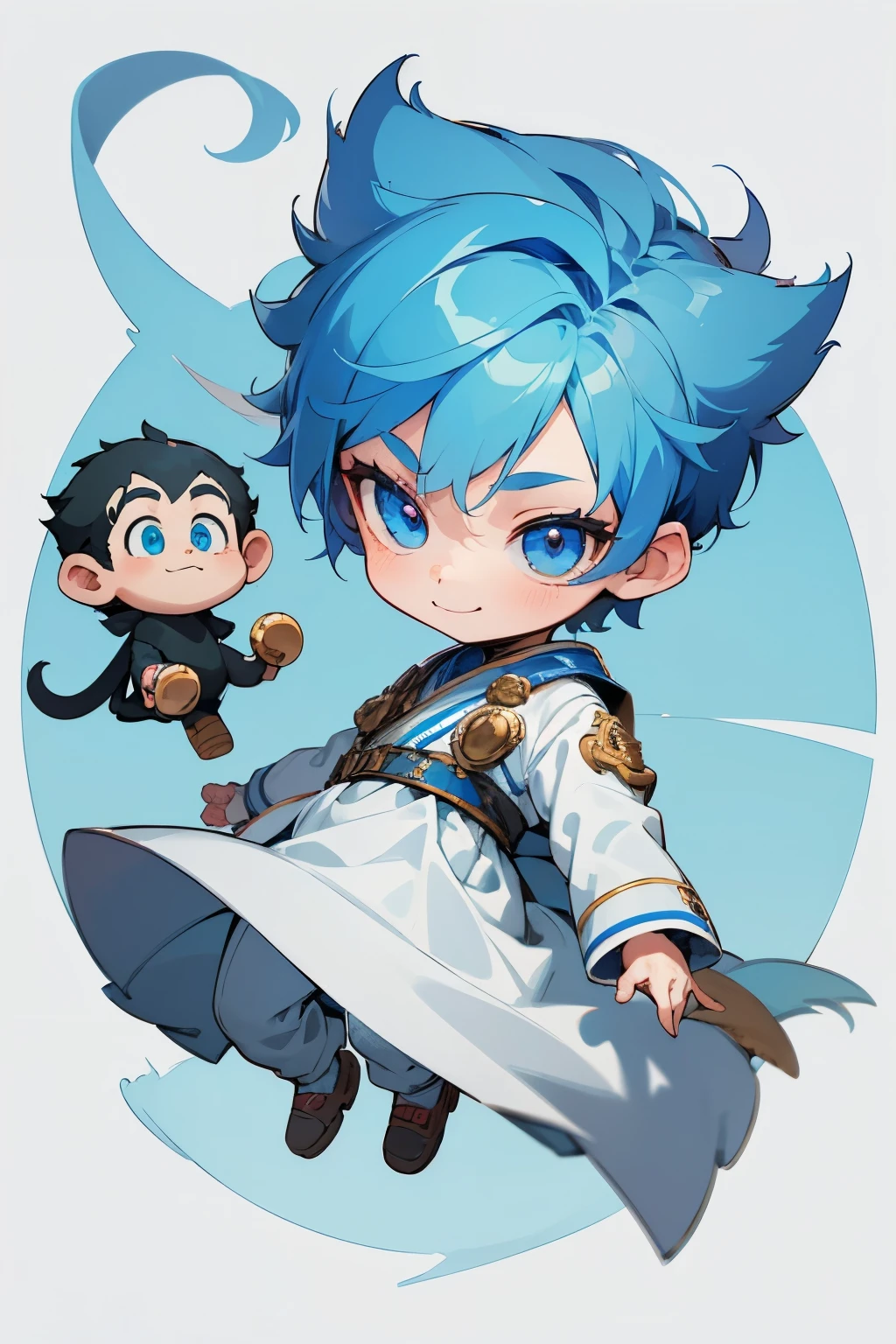 boy, full body, cartoon style, chibi style, cute, monkey tail, beautiful face, smile face, blue color eye, beautiful eye, high detailed pupil, double eyeylid, high detailed skin, high quality skin, blue color hair, very short hair, white clothes, masterpiece,