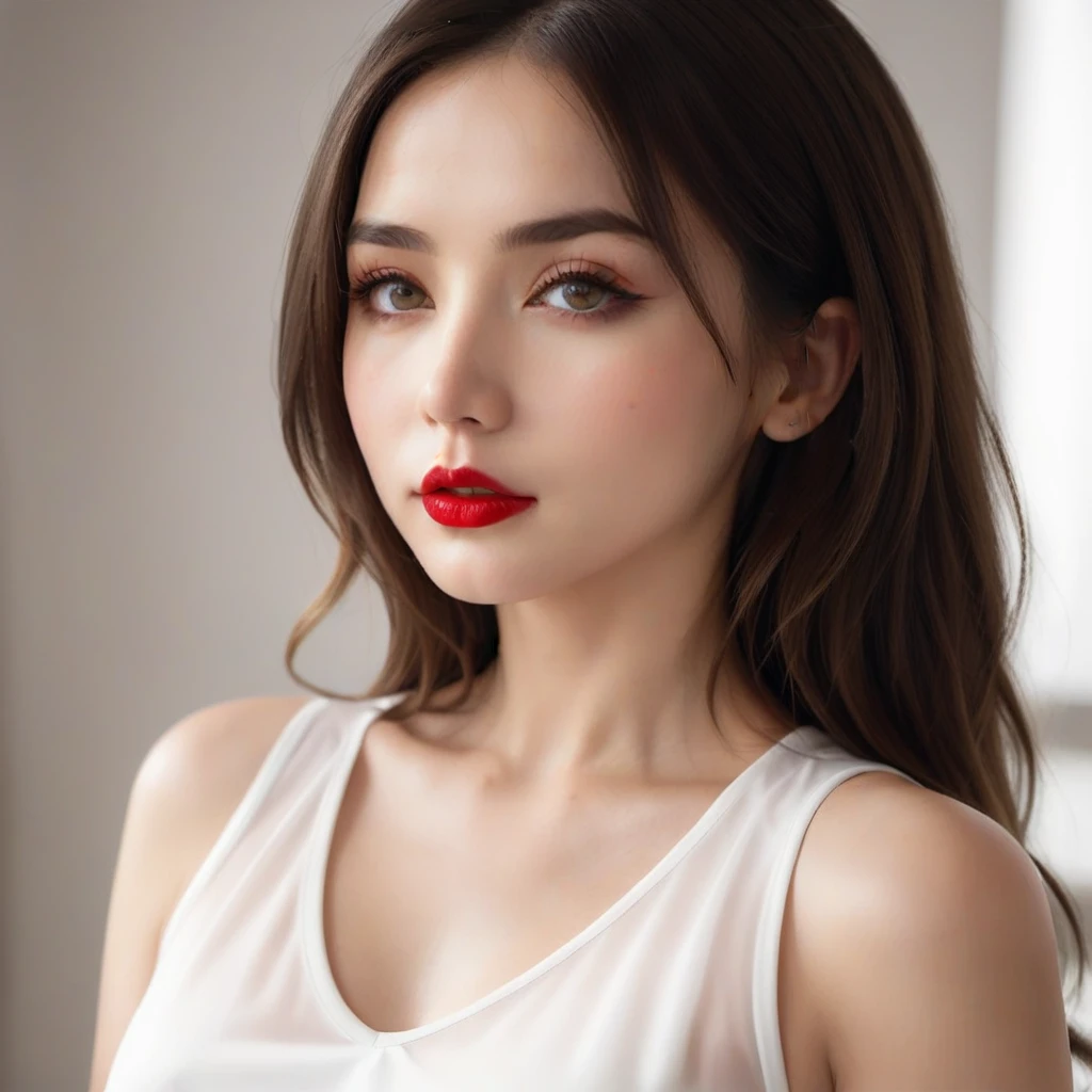 (Best quality,4k,8K,a high resolution,masterpiece:1.2),ultra detailed,(realistic,photorealistic,photo-realistic:1.37),beautiful eyes,beautiful lips,detailed face,Red lipstick,gorgeous woman,White dress,elegant fashion model,elegant look,long eyelashes,confident expression,flawless skin,Graceful Posing,Flowing fabric,Soft and silky material,graceful movement,Bright colors,artistic lighting,Studio photo shoot, dreamy atmosphere