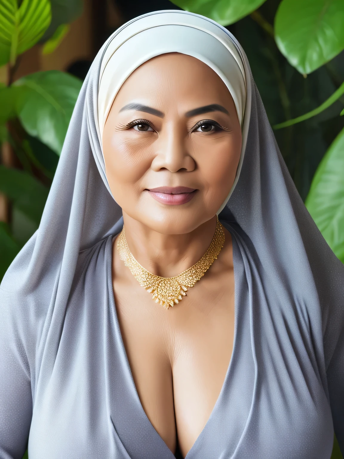 ((Realistic)) ((masterpiece)) 62 Years old, (beautiful Thai woman face) , (high class fat lady) (curvy sexy body shape) (gorgeus eyes), wearing Wide Hijab, perfect, natural Gigantic saggy breast : 96.9, (natural make up), Soft smile, golden necklace, Breast about to burst Out, professional photography with natural lighting