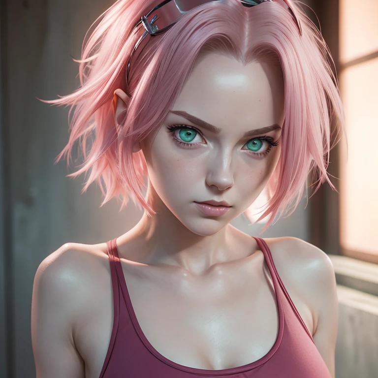 young woman, short shoulder-length pink hair, wide forehead, porcelain skin, pink eyebrows, big emerald green eyes, buttoned nose, full lips, heart-shaped face, slender body, small breasts, red tank top, Sakura Haruno , realistic, realism, details, 3d, well detailed