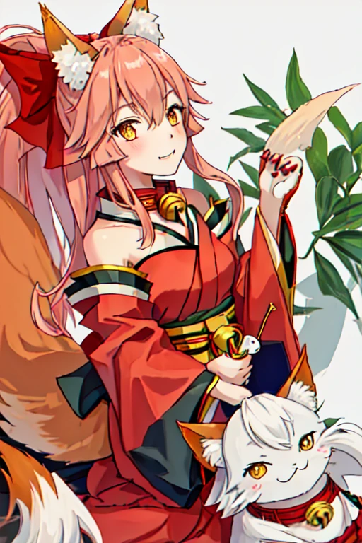 highest quality, masterpiece, High resolution, alone, {White kimono:1.35}, {red hakama:1.35}, {Wide sleeves:1.20}, {Tamamo_Cat_FGO:1.15}, animal_ears, Fox_ears, length_hair, pink_hair, animal_hand, yellow_eye, ponytail, Bell, animal_ear_Fluff, chest, head_Bell, Fox_tail, tail, red面, Fox_girl, big_chest, jingle_Bell, Open_mouth, bow, hair_bow, apron, 前hair, hair_between_eye, red_bow, Maid_Head ornament, tooth, smile, Cat_feet, hair_ribbon