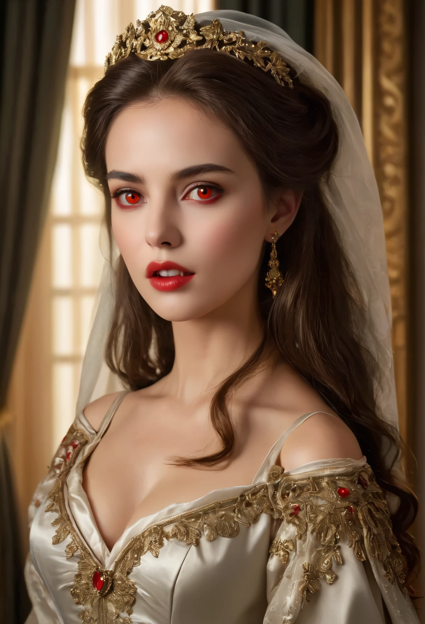(High resolution,masterpiece:1.2),(Realistic:1.37)Portrait of an 18th century Russian vampire girl of unparalleled beauty. She has captivating red eyes and delicate rosy lips. Long fangs, The portrait is carefully drawn down to the smallest detail., Capture the subtle nuances of her features. She is wearing a beautiful silk gown, Adorned with intricate lace and delicate embroidery. This painting speaks of the luxury of the time., Luxurious velvet curtains and gold furniture in the background. The lighting is soft and diffused, Highlight the girl's graceful beauty. the colors are vivid and rich, Create compelling visual experiences. This portrait is painted in the classical portrait style., Reminiscent of the works of famous artists of the time. It exudes elegance, Grace, Sophistication. sharp long claws, (Crimson eyes:1.4), Flame-red eyes, (Sharp fangs visible through the gap between his lips:1.8), There is a bite mark on the neck.2There are two holes