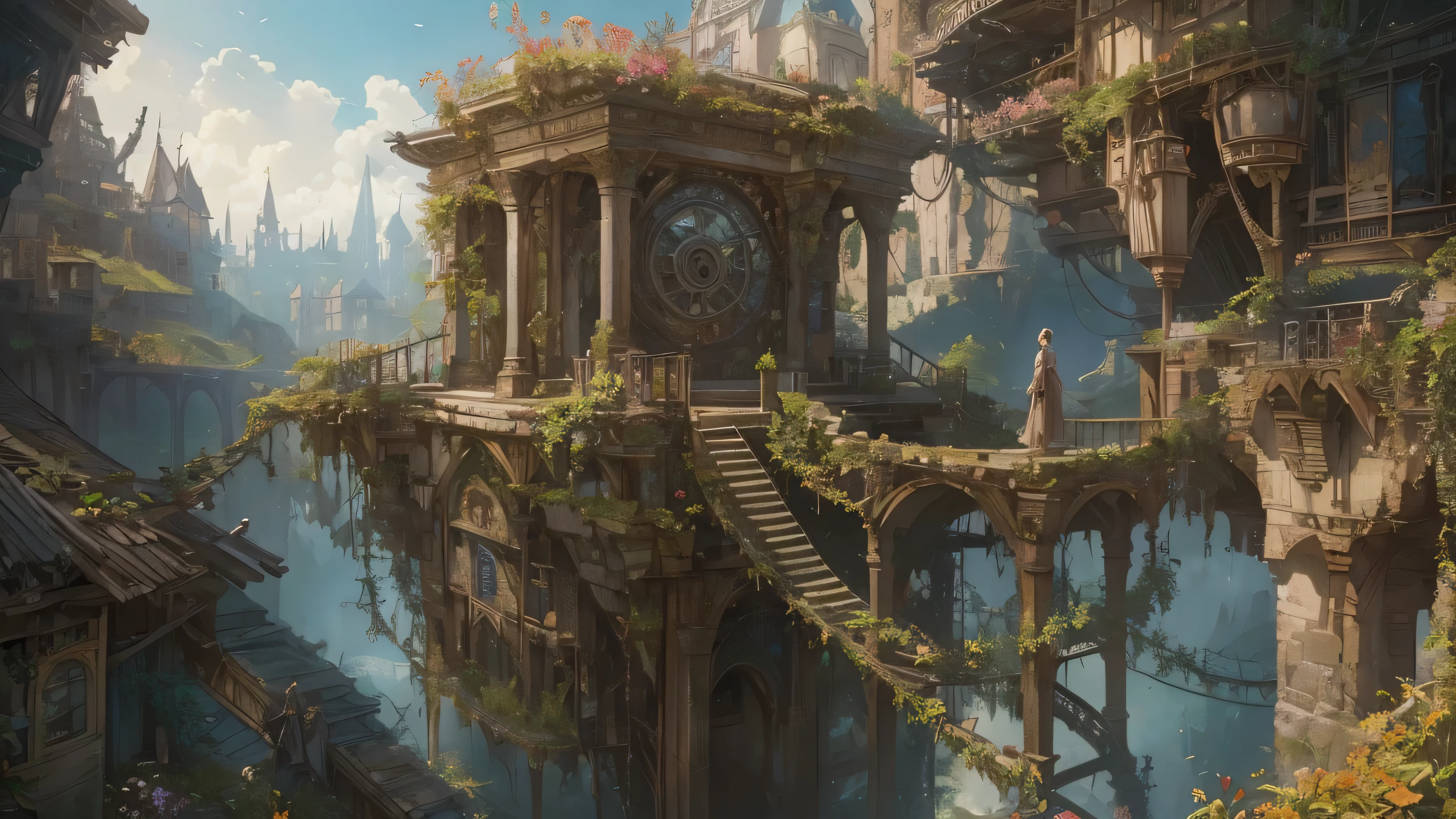 (by Greg Rutkowski: 1.2), (masterpiece), ((best quality)), extremely delicate and beautiful, illustration, (fantasy landscape), A mesmerizing fantasy with enchanting elements blending seamlessly. ((Vines are entangled,The Gate of Time and Space is covered with lush plants,Web portals,wormhole,swirl,distortion,Mechanical gears,connected, from final fantasy x)), A sense of tranquility and wonder fills the air, inviting exploration and discovery. From Brian Froud and Carne Griffiths and Wadim Kashin and John William Waterhouse, 8K post-production, high resolution, hyperdetailed, depth of field, HDR, intricate