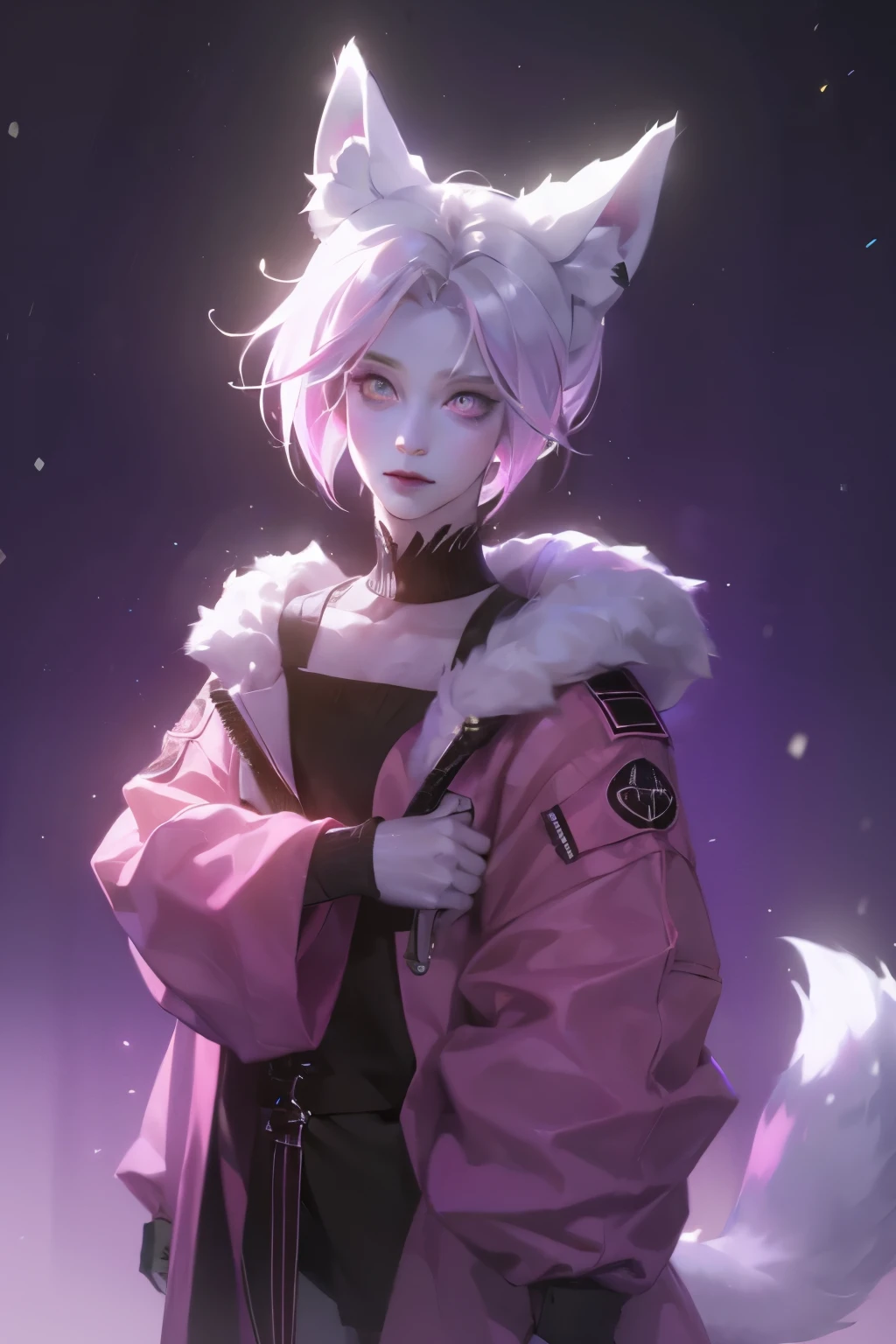 arctic fox, Pink Eyes, Tattoo, 子宫Tattoo, short hair, Black Hair, Men&#39;s sweater, Female Lover, Bisexual men, hairy, of the night city, Glowing eyes, no feeling, Long Tail, collar, masterpiece, puppet, Batwing, Shy, White headphones, Fox Tail, top quality, nuclear, slime nuclear, White body, Name: Snow, Fox Tail, black tail, Fox, 2 boys(Snow Fox), little boy, Open coat,