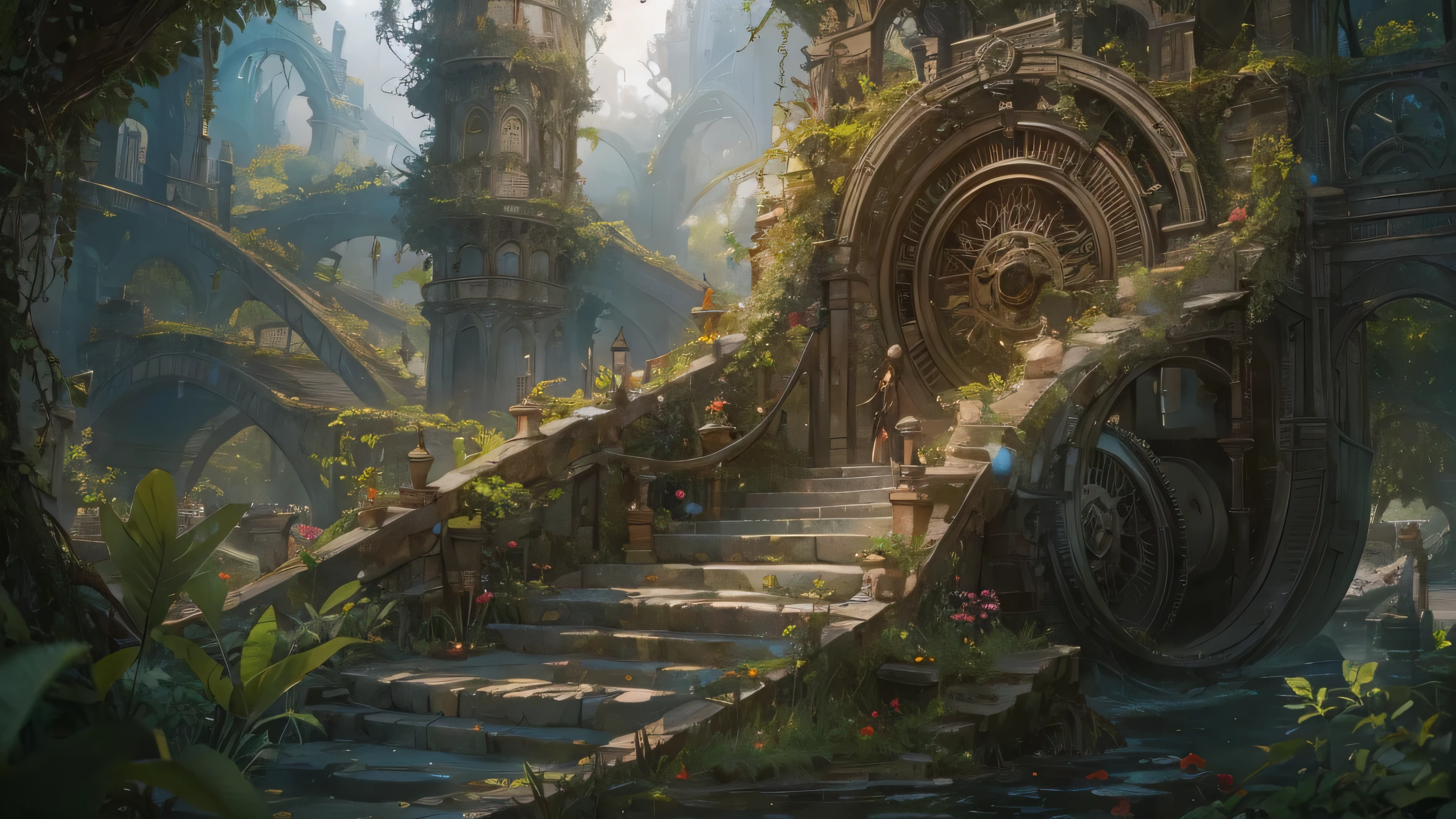 (by Greg Rutkowski: 1.2), (masterpiece), ((best quality)), extremely delicate and beautiful, illustration, (fantasy landscape), A mesmerizing fantasy with enchanting elements blending seamlessly. ((Vines are entangled,The Gate of Time and Space is covered with lush plants,Web portals,wormhole,swirl,distortion,Mechanical gears,connected, from final fantasy x)), A sense of tranquility and wonder fills the air, inviting exploration and discovery. From Brian Froud and Carne Griffiths and Wadim Kashin and John William Waterhouse, 8K post-production, high resolution, hyperdetailed, depth of field, HDR, intricate