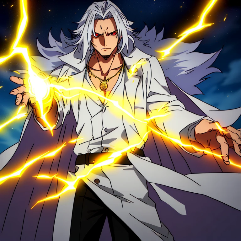 Highest quality, finely crafted lighting, young adult male, long back hair, multicolored gray hair, hair in stirs, highlighted red eyes, night environment, lightning, sky with rays, divine style clothes, gold necklaces, white overcoat, gold rings, left eye tattoo