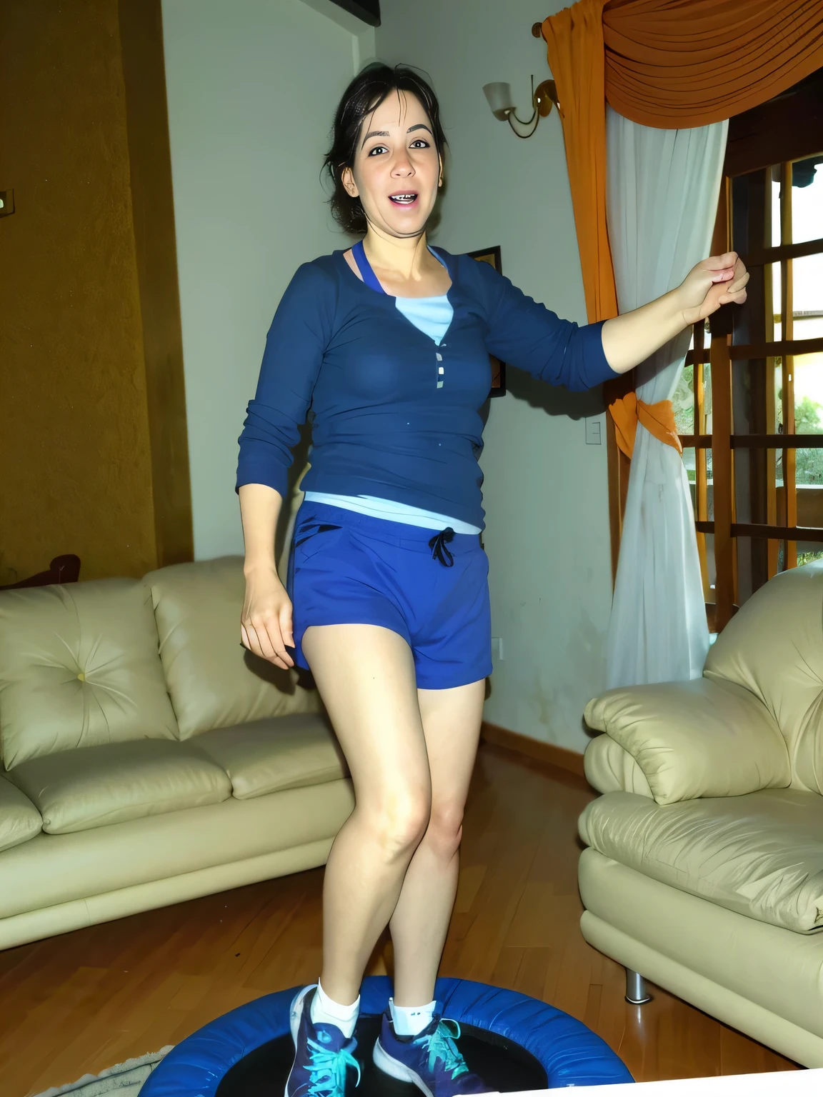 woman standing on a trampoline in a living room with a sofa, jumping, dancing woman, in an action pose, triumphant pose, full figure close-up. Wearing blue shorts and a blue blouse. Slim body. Thin waist. Her body exudes glamor and her face is the definition of beauty. Test, highly realistic, reddish skin, beautiful, slightly full lips, red lipstick, feeling of lightness and joy, hyper-realism, very elaborate skin, direct look. Full body photo, clear and high quality photo. Beautiful woman, extremely sexy, very sensual. Masterpiece: 1.3, high resolution, (photographically realistic), 8k, NUDE, NUDITY, NFSW