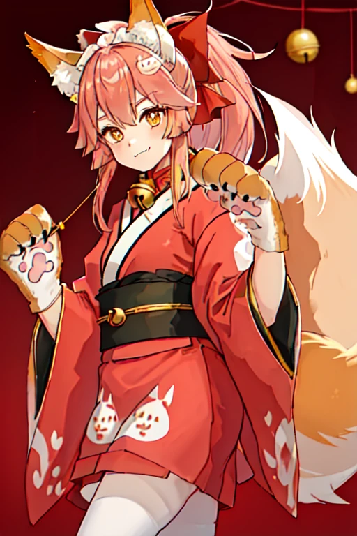 highest quality, masterpiece, High resolution, alone, {White kimono:1.35}, {red hakama:1.35}, {Wide sleeves:1.20}, {Tamamo_Cat_FGO:1.15}, animal_ears, Fox_ears, length_hair, pink_hair, animal_hand, yellow_eye, ponytail, Bell, animal_ear_Fluff, chest, head_Bell, Fox_tail, tail, red面, Fox_girl, big_chest, jingle_Bell, Open_mouth, bow, hair_bow, apron, 前hair, hair_between_eye, red_bow, Maid_Head ornament, tooth, smile, Cat_feet, hair_ribbon