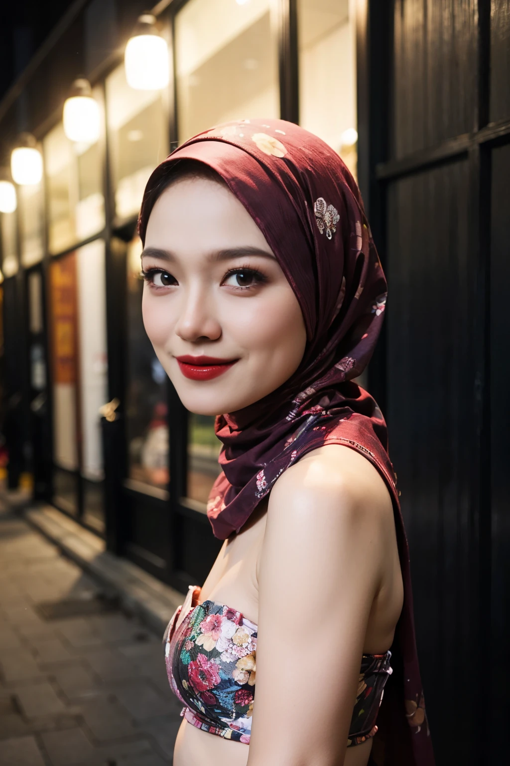 (((HIJAB))), (Happy smile), (((HIJAB MALAY GIRL))), masutepiece, High quality, UHD 32K, Realistic face, Realistic skin feeling , A Japanese Lady, 8 years old, , Very cute and baby-like face, (((FLAT CHEST))), (Night time at forest), ((look In front  at the camera and SADNESS)), ((())), (((CUTE GIRL))), ((RED LIPS)), ((Floral Pattern)) little wearing strapless bra, strapless colorful bra, dark night background , black forest night, horror scary place (from behind up) seductive pose