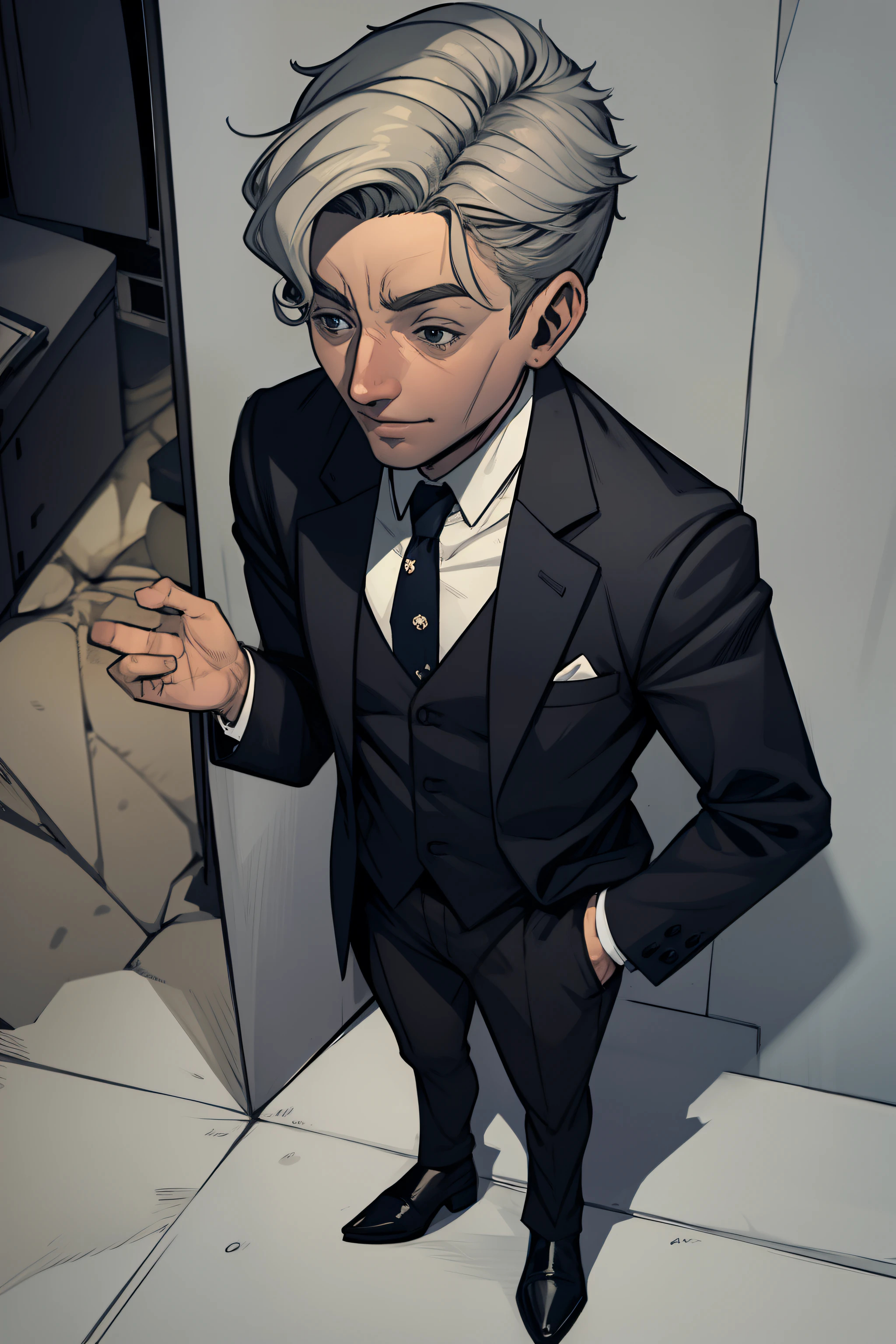 A gray-haired butler. wearing an elegant uniform. Simple comic book design in 2D style. Marvel and DC references.