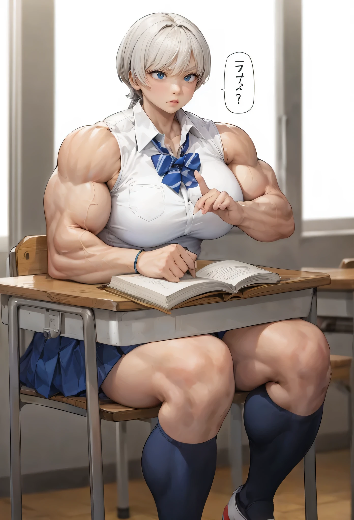  girl,,muscular female,,school uniform,socking, alternate muscle size, (biceps),muscular thighs,best quality,desk,sitting