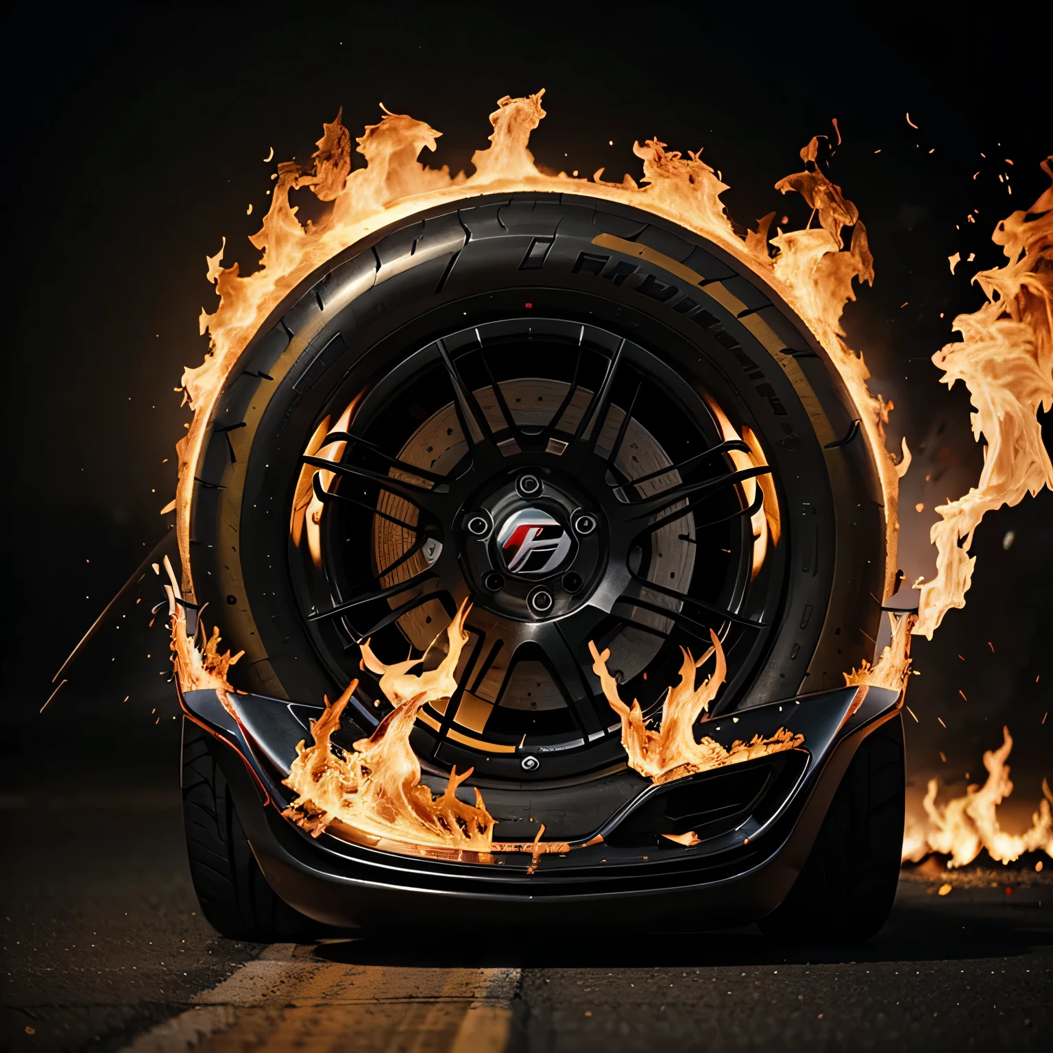 F1 race Wheel running with fire flames 