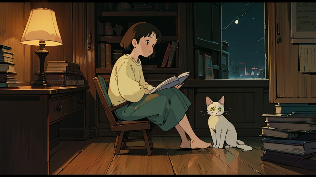 A girl, sitting in a cozy corner with a stack of books or documents before her, immerses herself in focused study. The soft, yellow glow of a desk lamp casts a gentle feeling of tranquility and peace around her, contrasting the quiet stillness of the night outside the window. In a side view, the girl's elegant posture showcases her grace and beauty, her serene expression hinting at the depth of her concentration. A playful kitten sits by her side, observing her with curious, wide eyes, seeming to encourage her in her efforts. The night's quiet and stillness continues outside, the gentle blur of cars and lights in the background adding to the scene's