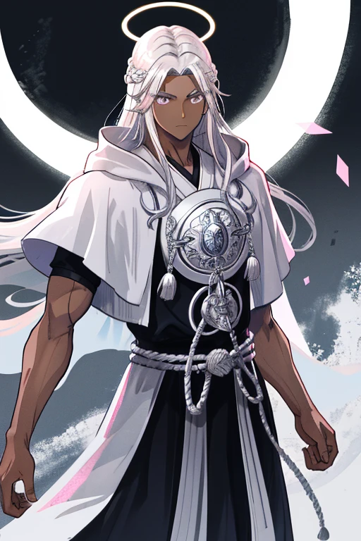 Man, monk fighter, dark skin, silver eyes, silver hair, black clothing, light pink halo, muscular