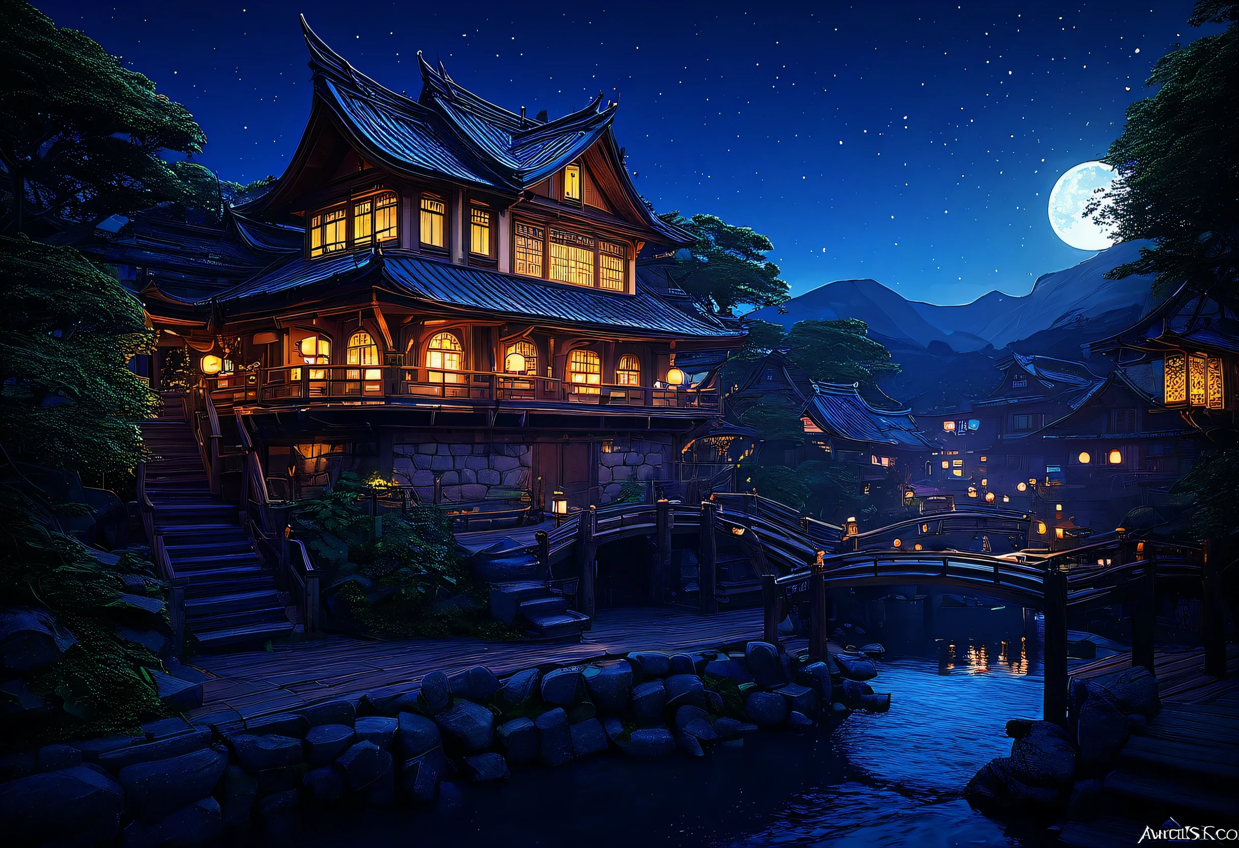 Night view of a house with a path leading to the garden, Concept art inspired by Andreas Rocha, Artstation Contest Winner, Fantasy art, Beautiful depiction of a fairy tale, realistic Fantasy Rendering, Fantasy Rendering, fantasy house, A pleasant and enchanting scene, Andreas Rocha Style, Lighting for &quot;A fantastic atmosphere&quot;, fantasy 3d rendering, unreal engine Fantasy art, A multifaceted cozy izakaya, Western-style building, A fantastic Western-style building, Night view, A fantastic atmosphere, 