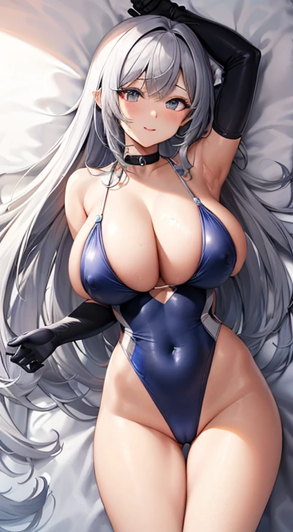 Very large breasts、Nipples、Provocative Swimsuit、Gray Hair、Long Hair、Sexy Face、blue long gloves、Blue swimsuit、Purple eyes、White Hair、Very large breasts、Squirting、Being pushed onto the bed、Massive Creampie、straight hair、Ero swimsuit、Oversized breasts、tits