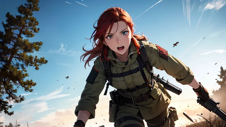 (8K), (Best Quality), (Mastepiece: 1.2) battlefield Look up at the sky and scream Redhead Finnish female soldier run with a gun
