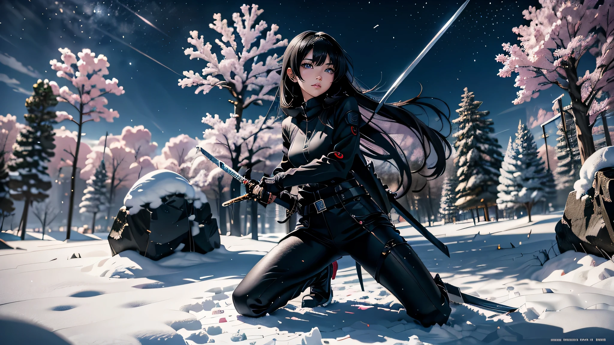 Anime girl kneeling in the snow wearing black clothes and holding a sword, Amazing anime 8k, She has a sword, Anime Style 4k, Gweiz style artwork, anime wallpaper 4k, anime wallpaper 4k, anime art wallpaper 8k, 4k anime wallpaper, anime art wallpaper 4k, anime art wallpaper 4k