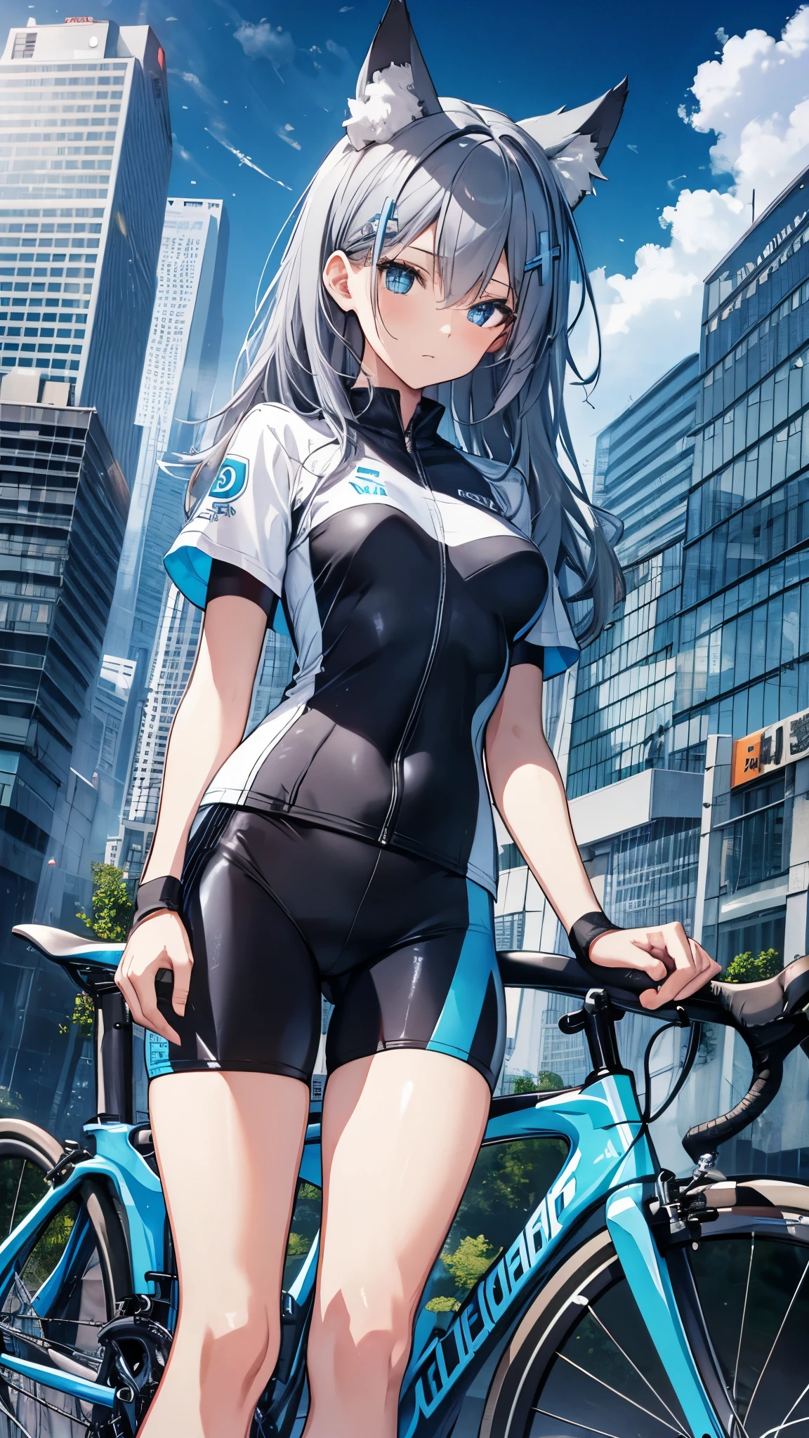 (upper body:1.3),shiroko, animal ears, blue eyes, grey hair, hair ornament, hairpin, halo, medium hair, wolf ears,
bike jersey, bike shorts, cycling uniform, official alternate costume, short sleeves, sneakers, socks, white socks, perfect anatomy,masterpiece,high resolution, ultra-detailed,game cg,dutch angle ,beautiful detailed eyes,visualart,five fingers, perfect hands, perfect lighting, Noise Reduction,