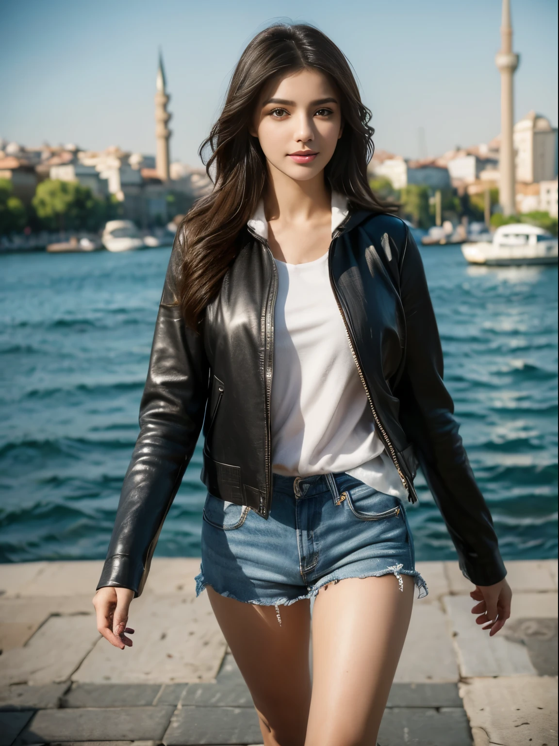 (8k, highest quality, ultra detailed:1.37), (Ecce), 18yo, (a stylish young Turkish woman), walks confidently through the streets of Istanbul, dressed in hoodie. She wears a chic leather jacket with jeans, paired with fashionable accessories. The high-resolution image captures ultra-detailed realism, highlighting Ecce's captivating eyes, long eyelashes, and flawless complexion. The vibrant cityscape of Istanbul serves as a backdrop, creating a visually striking representation of modern Turkish style.