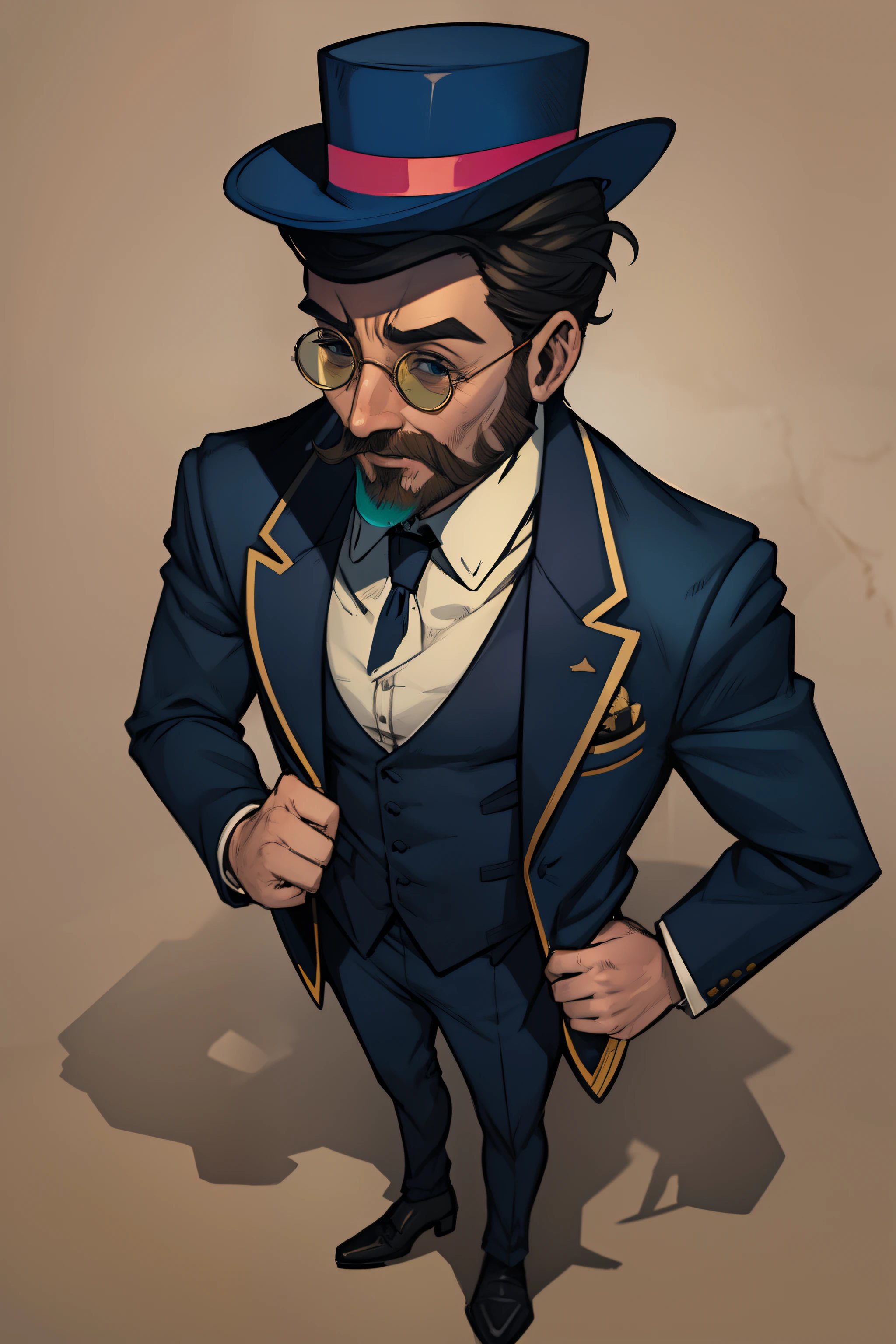 Slim, handsome, elegant man dressed in formal wear, monocle, top hat and Handlebar moustache. simple comic book design 2d style. Marvel and DC reference. image of the bust from the front. colorful and cheerful image.