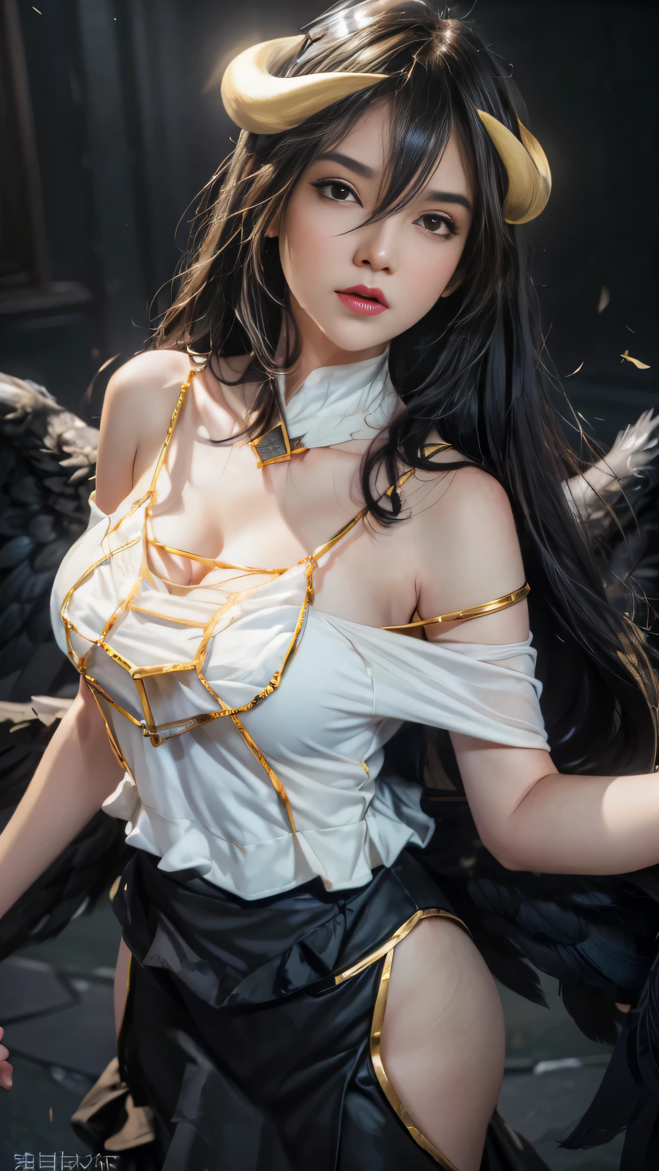 Masterpiece, Best quality, Ultra-detailed, illustration, epic lighting, Cinematic composition, isometry,(hexagons:1.2), 1girll, Horns, Solo, Yellow eyes, Black hair, Long hair, (Low wing:1.2), Large cleavage, Bare shoulders, hair between eye, Medium breasts, (White dress:1.1), Golden decoration, Detached collar, view the viewer, Semi-closed Eyes, (view the viewer:1.1), parted lip, Blush, Black feathers fall, Arena, particle fx, (8K:1.1)