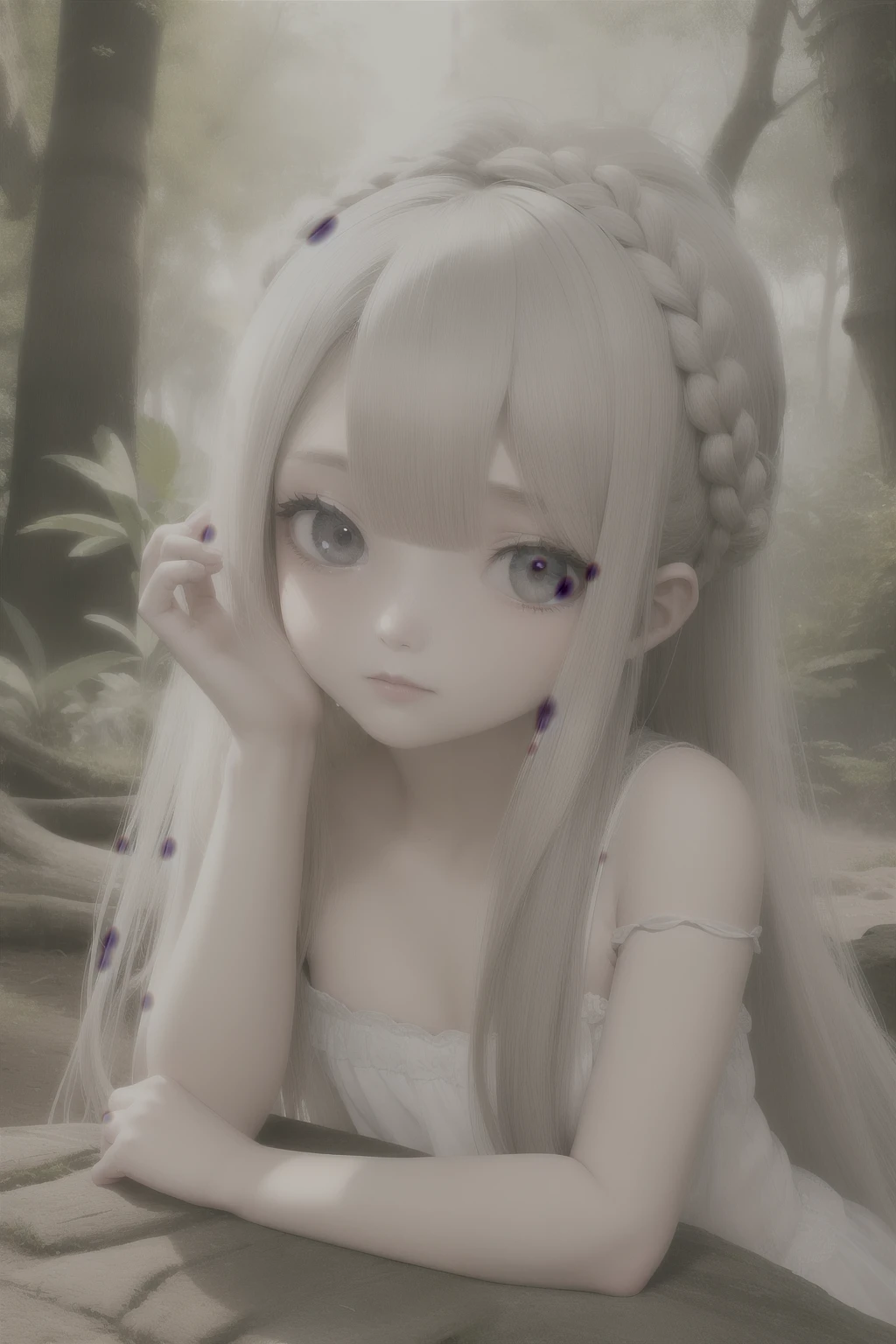 melhor qualidade, obra de arte, cabelo longo branco, olhos vermelhos, olhando pra frente, tronco, bochechas coradas, olhar triste, chorando