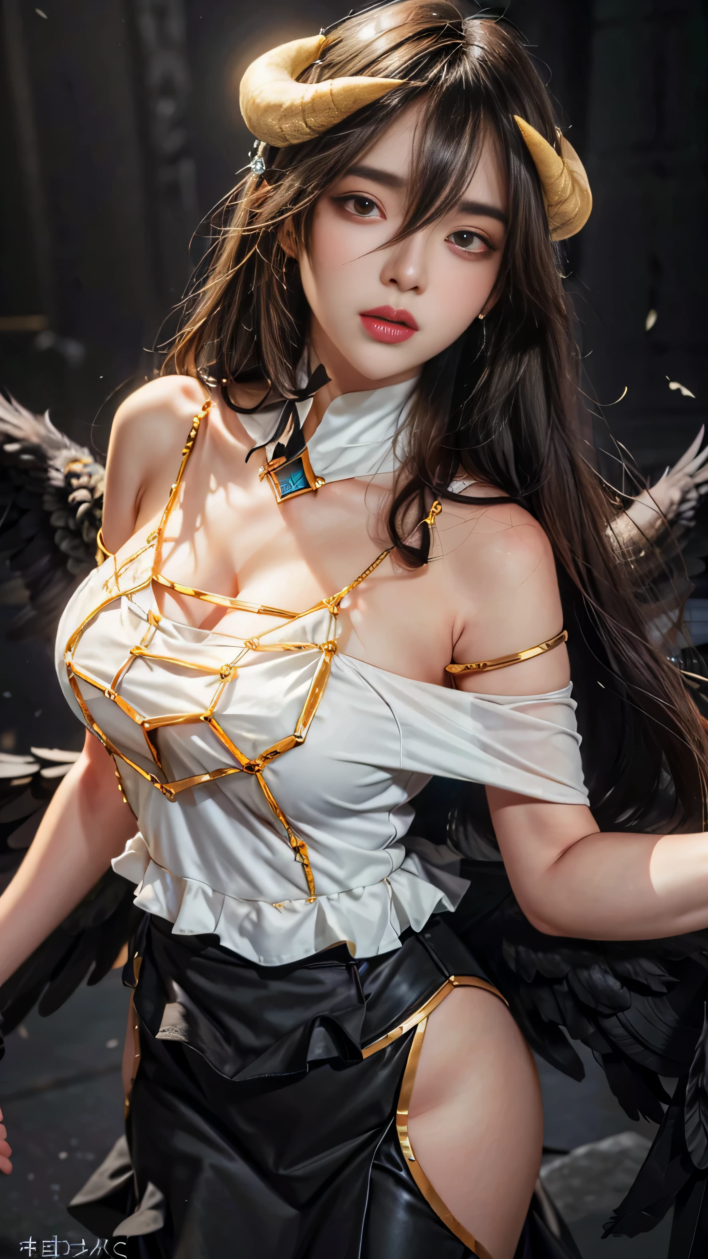 Masterpiece, Best quality, Ultra-detailed, illustration, epic lighting, Cinematic composition, isometry,(hexagons:1.2), 1girll, Horns, Solo, Yellow eyes, Black hair, Long hair, (Low wing:1.2), Large cleavage, Bare shoulders, hair between eye, Medium breasts, (White dress:1.1), Golden decoration, Detached collar, view the viewer, Semi-closed Eyes, (view the viewer:1.1), parted lip, Blush, Black feathers fall, Arena, particle fx, (8K:1.1)