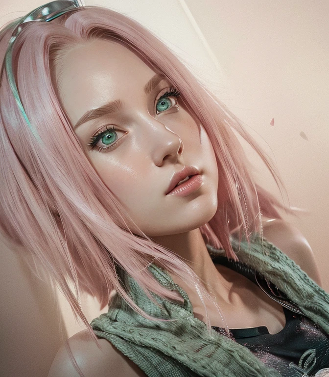 young woman, short shoulder-length pink hair, wide forehead, porcelain skin, pink eyebrows, big emerald green eyes, buttoned nose, full lips, heart-shaped face, slender body, small breasts, red tank top, Sakura Haruno , realistic, realism, details, 3d, well detailed