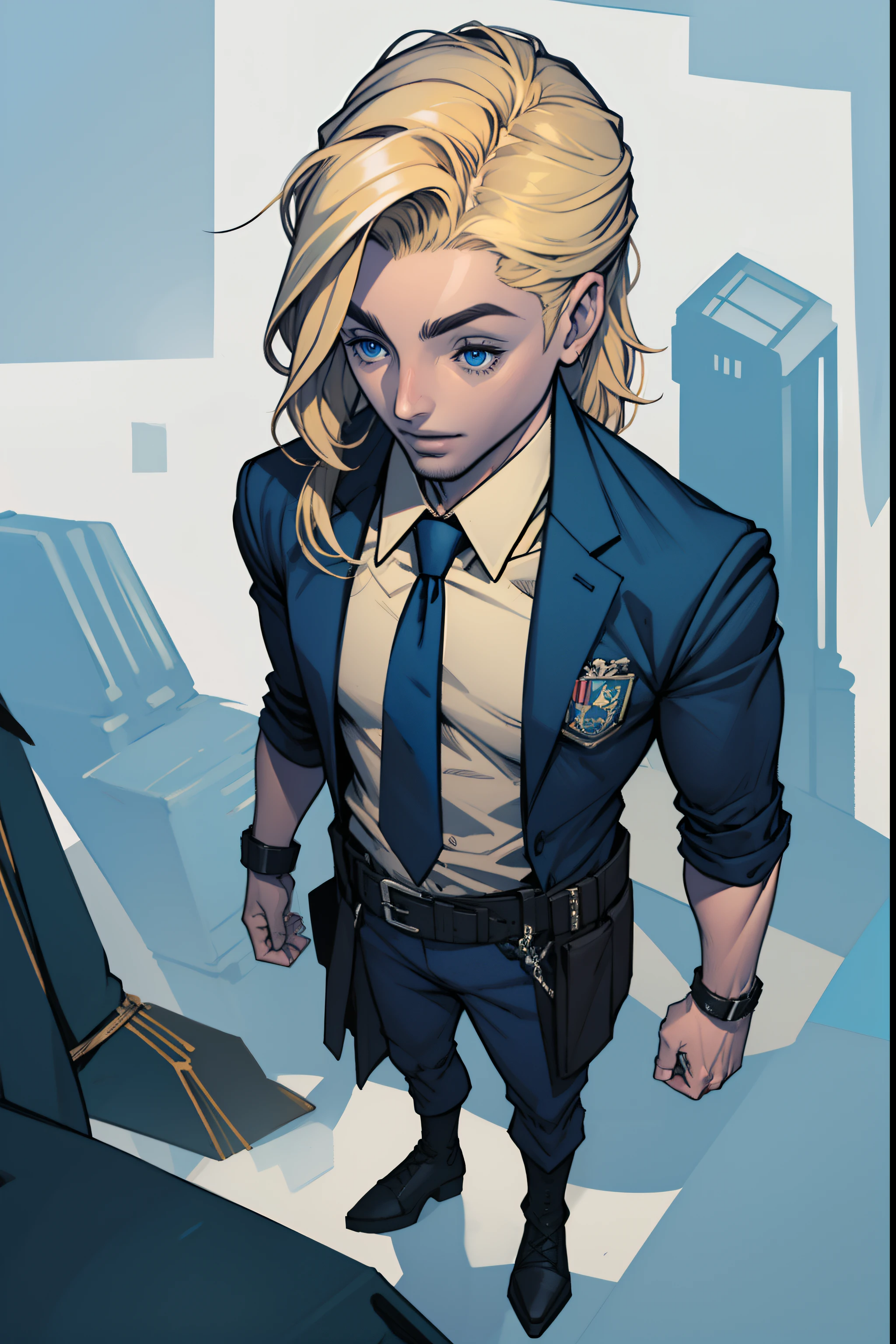 Um ****** bonito de 15 anos com um rosto fino e olhos grandes, blue eyes and long blonde hair up to the waist, vestindo um uniforme escolar. design de quadrinhos simples estilo 2d. Marvel and DC reference.