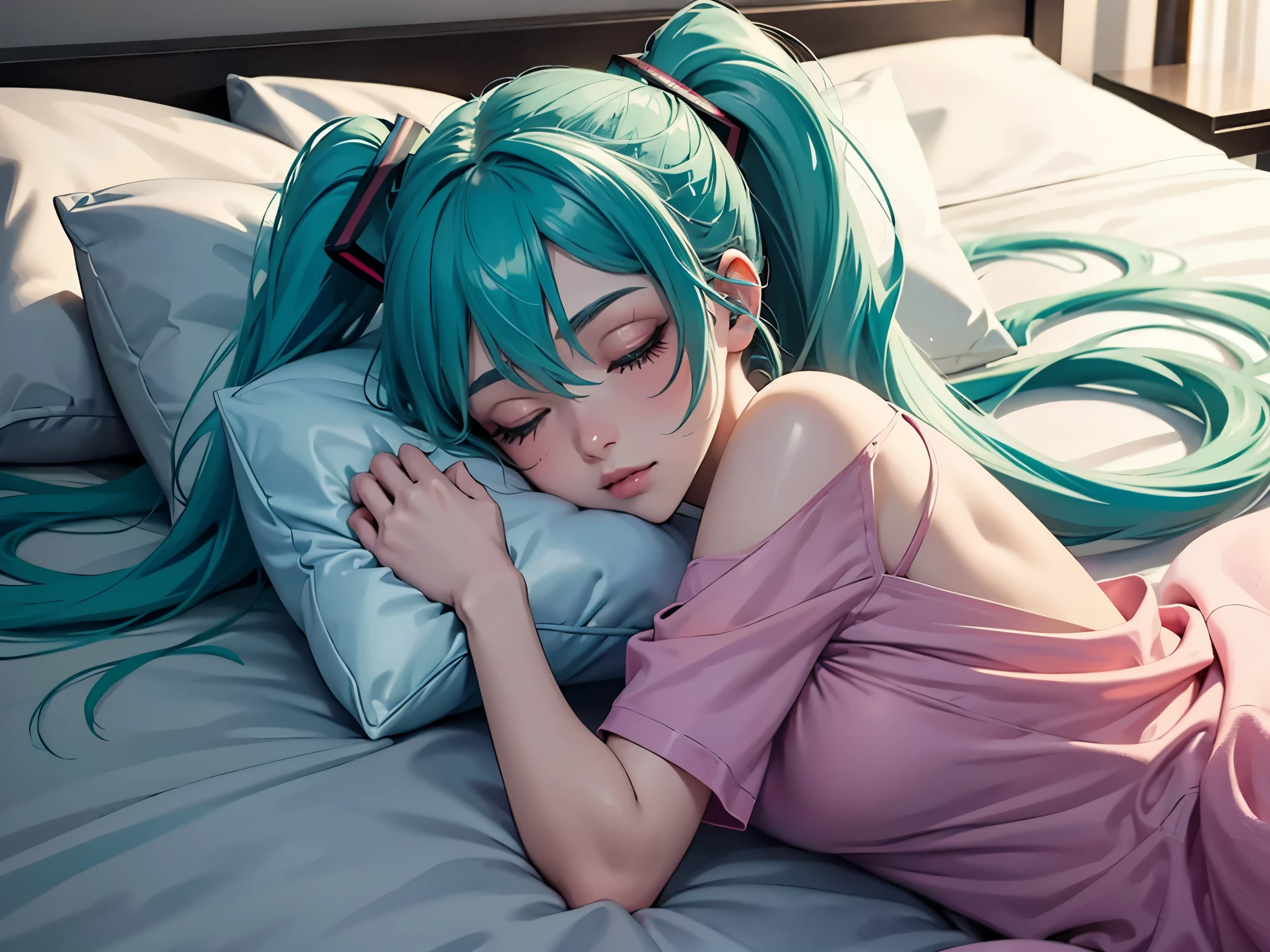 a girl, Blue green hair, Side ponytail, blue-green eyes, Hatsune Miku, Permanent, sleep in bed, sleep on pillow, Happy, Looking at you, Boyfriend perspective, High quality CG while she sleeps next to you, fair