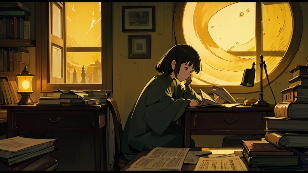 A girl, nestled in a comfy corner with an assortment of books or papers piled before her, dedicates herself to deep study. The soothing, yellow radiance of a desk lamp encircles her, creating a serene atmosphere in contrast to the stillness of the tranquil night visible through the window. In profile, her poised stance accentuates her elegance and charm, her tranquil facial expression reflecting the intensity of her focus. A slight incline of her head brings her inquisitive, dark eyes to sweep the pages with care, her nimble fingers gracefully following the worn edges of the texts. The uninterrupted silence of the night pervades outside, the