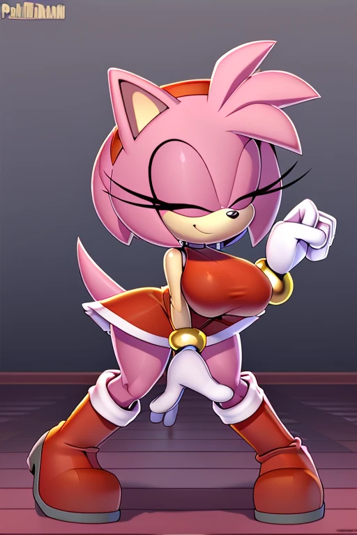(masterpiece best quality:1.2), hdr, (uploaded on e621), (((by pakwan008, by chadthecartoonnut, by marthedog)), amy rose, 1girl, breasts, smile, bangs, large breasts, gloves, dress, holding, bare shoulders, closed mouth, standing, tail, closed eyes, thighs, hairband, boots, pussy, sleeveless, white gloves, uncensored, no panties, skin tone arms, sleeveless dress, ^ ^, thick thighs, short dress, red dress, happy, red footwear, furry, wide hips, outline, furry female, red hairband, white outline, body fur, solo, sonic the hedgehog \(series\), animal ears, pink hair, pink fur, short hair, animal nose, closed eyes,