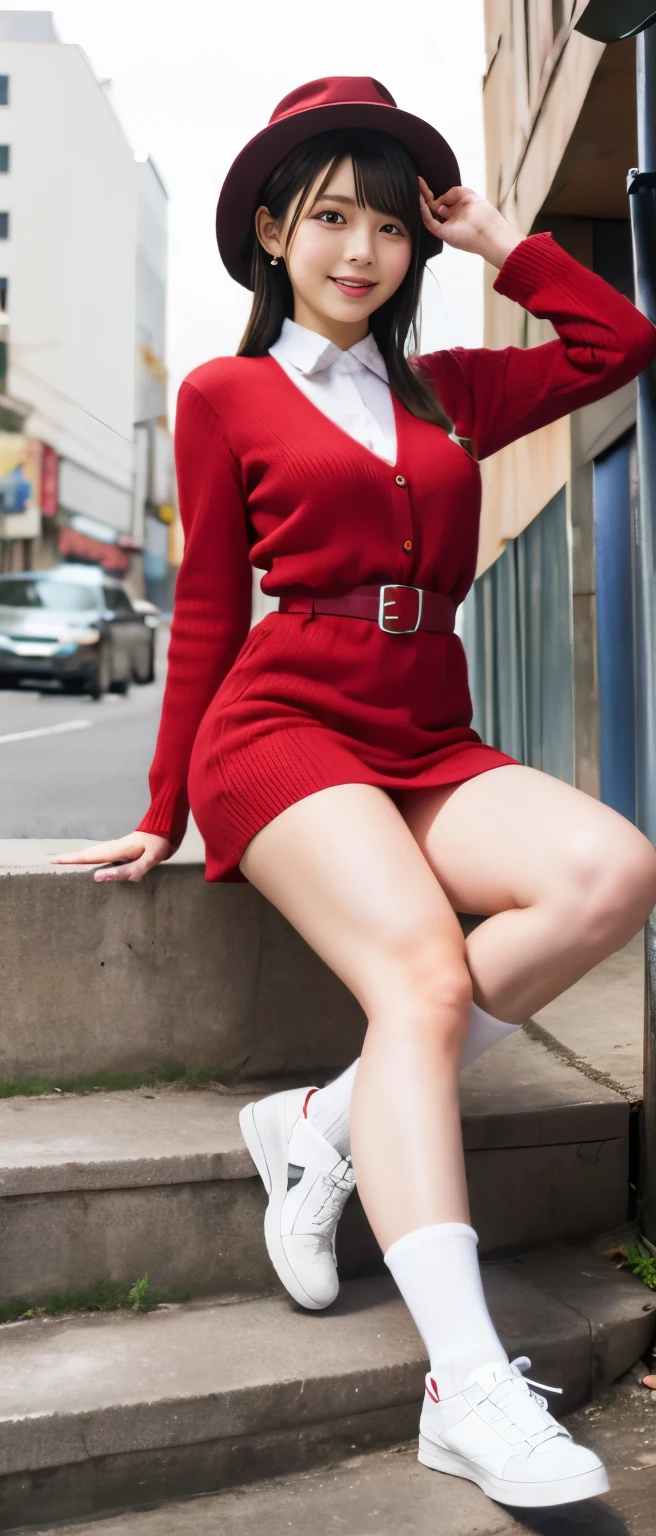 Romantic Idol Girl、whole body、Good style、、、、Red overall mini dress、　、、Fantastic City、stripedsockagician&#39;s Hat