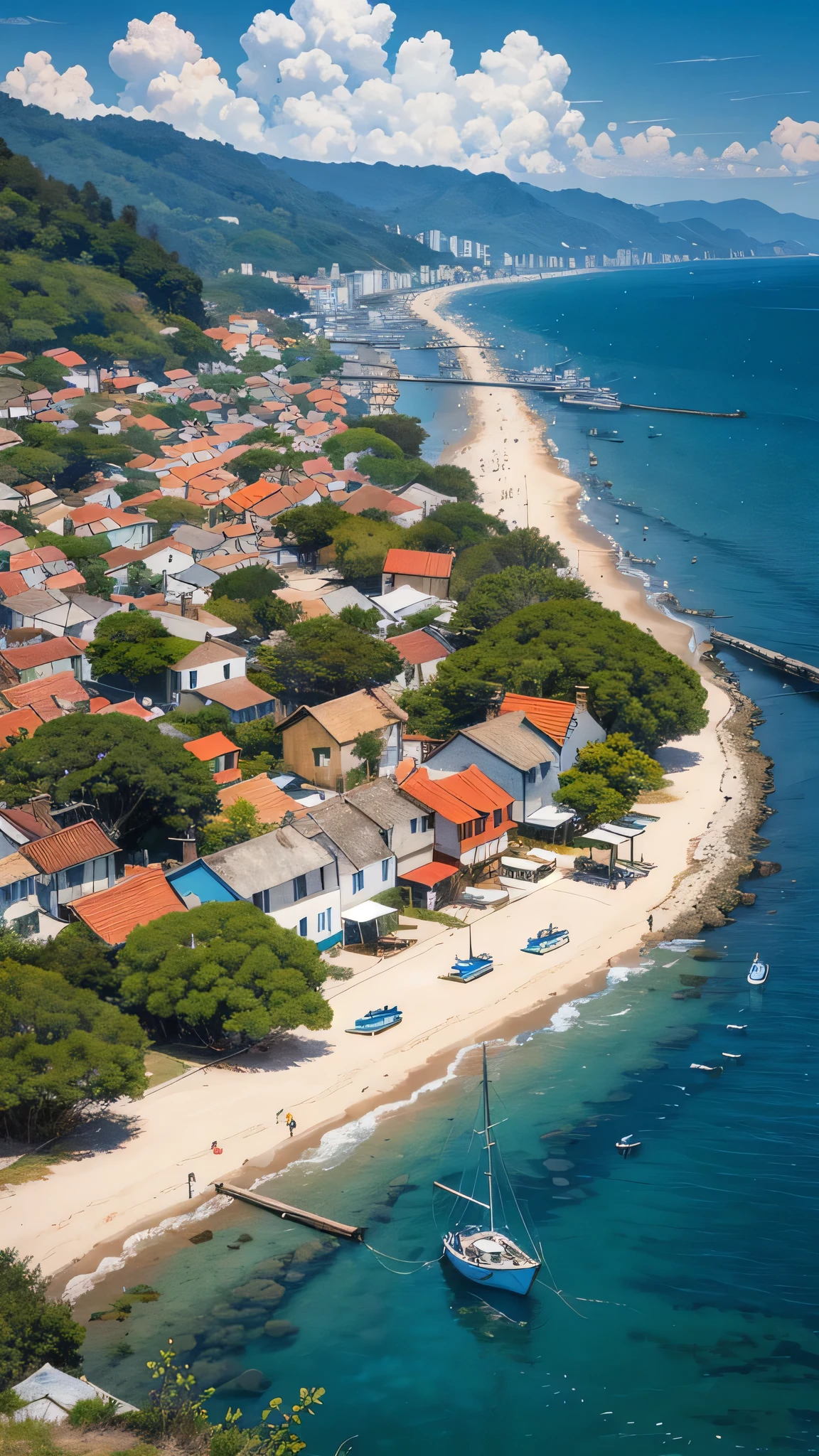 Op Art, Elaborate and intricately crafted, A sun-drenched coastal village, with colorful houses and fishing boats dotting the shore, cloudy, motivated light