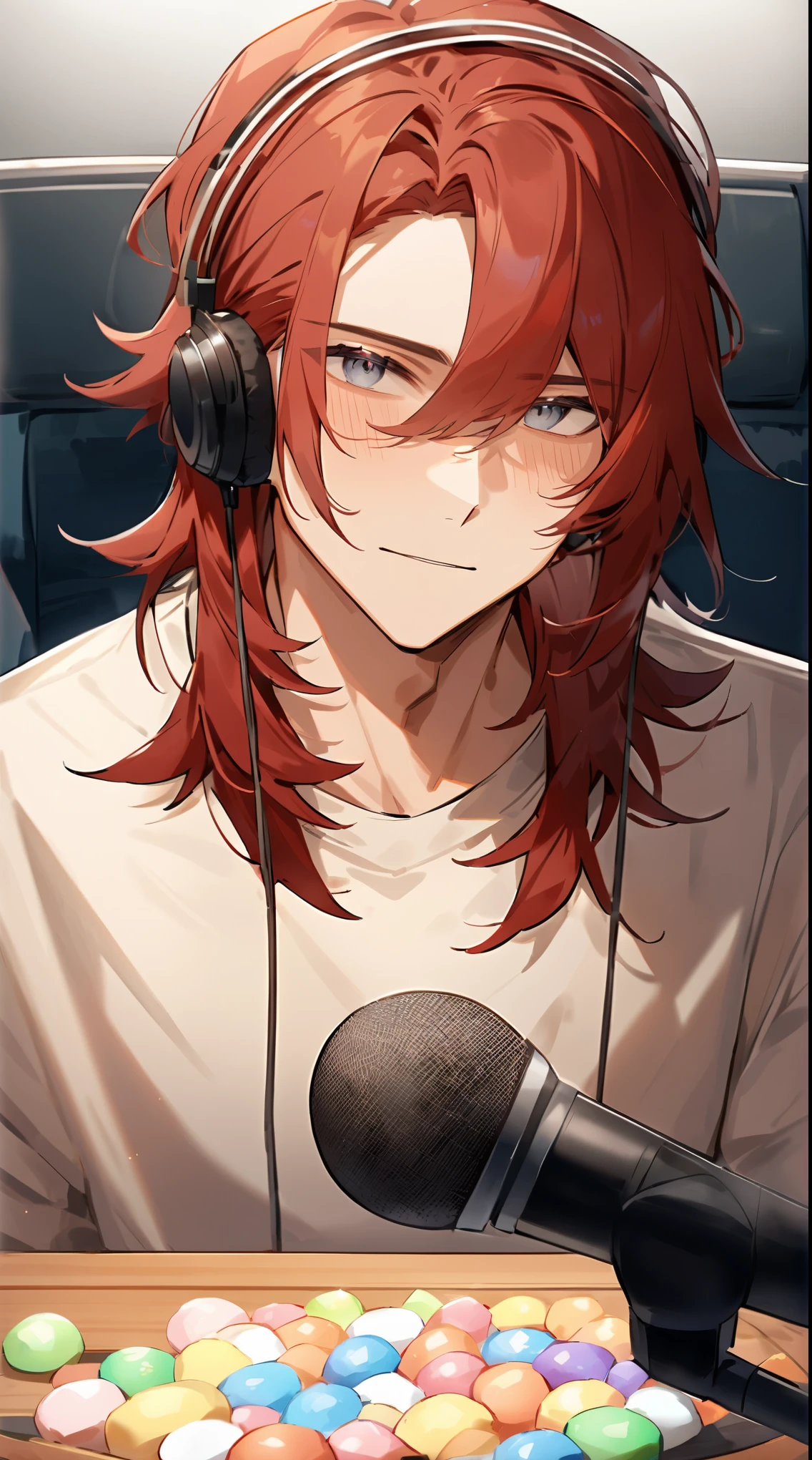 Create an anime-style illustration of a handsome young man recording an ASMR video. Red hair, shoulder length, gray eyes, He is wearing comfortable clothes and headphones, and in front of him is a high-quality microphone. Directly on the table, without any containers, is a neat arrangement of various colorful candies, creating a visually appealing and organized display. The room appears cozy and soundproof, with foam on the walls. The man has a calm and focused expression, highlighting the quiet ambiance of ASMR