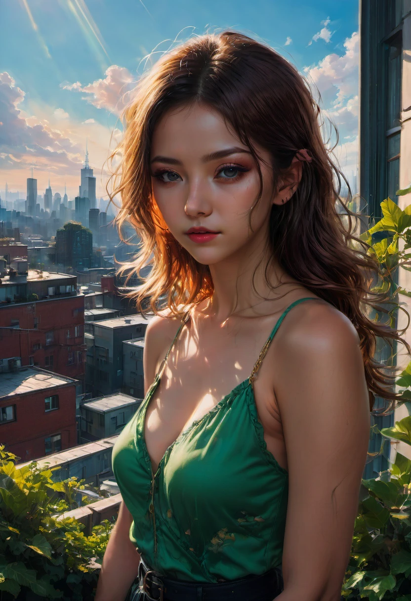 1girl,Person Standing on the Rooftop,aesthetic,okujyou,scenery,sky,fence,cloud,blue sky,outdoors,rooftop,building,day,cityscape,shadow,chain-link fence,city,(best quality,4k,8k,highres,masterpiece:1.2),ultra-detailed,(realistic,photorealistic,photo-realistic:1.37),HDR,UHD,studio lighting,ultra-fine painting,sharp focus,physically-based rendering,extreme detail description,professional,vivid colors,bokeh,portraits,landscape,colorful,overlooking,serene,peaceful,tranquil,sunlit,contemplative,striking silhouette,picturesque scenery,immersive,dreamy ambiance,sophisticated styling,elegant,touch of nostalgia,lush greenery,relaxing atmosphere
