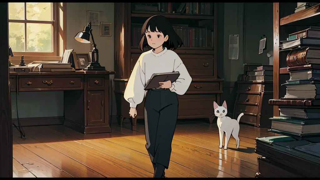 calming ambiance. The girl's attire, consisting of a comfortable sweater and loose-fitting pants, complements her focused and determined expression. Her long, dark hair falls gracefully over her shoulders, catching the soft light of the desk lamp. The girl's intent gaze never wavers as she delves deeper into her studies, the stack of books and documents growing taller with each passing moment. The kitten, sensing the importance of the moment, remains quiet and still, its small paws lightly tapping against the wooden floor. The scene is one of dedication, tranquility, and the pursuit of knowledge.
