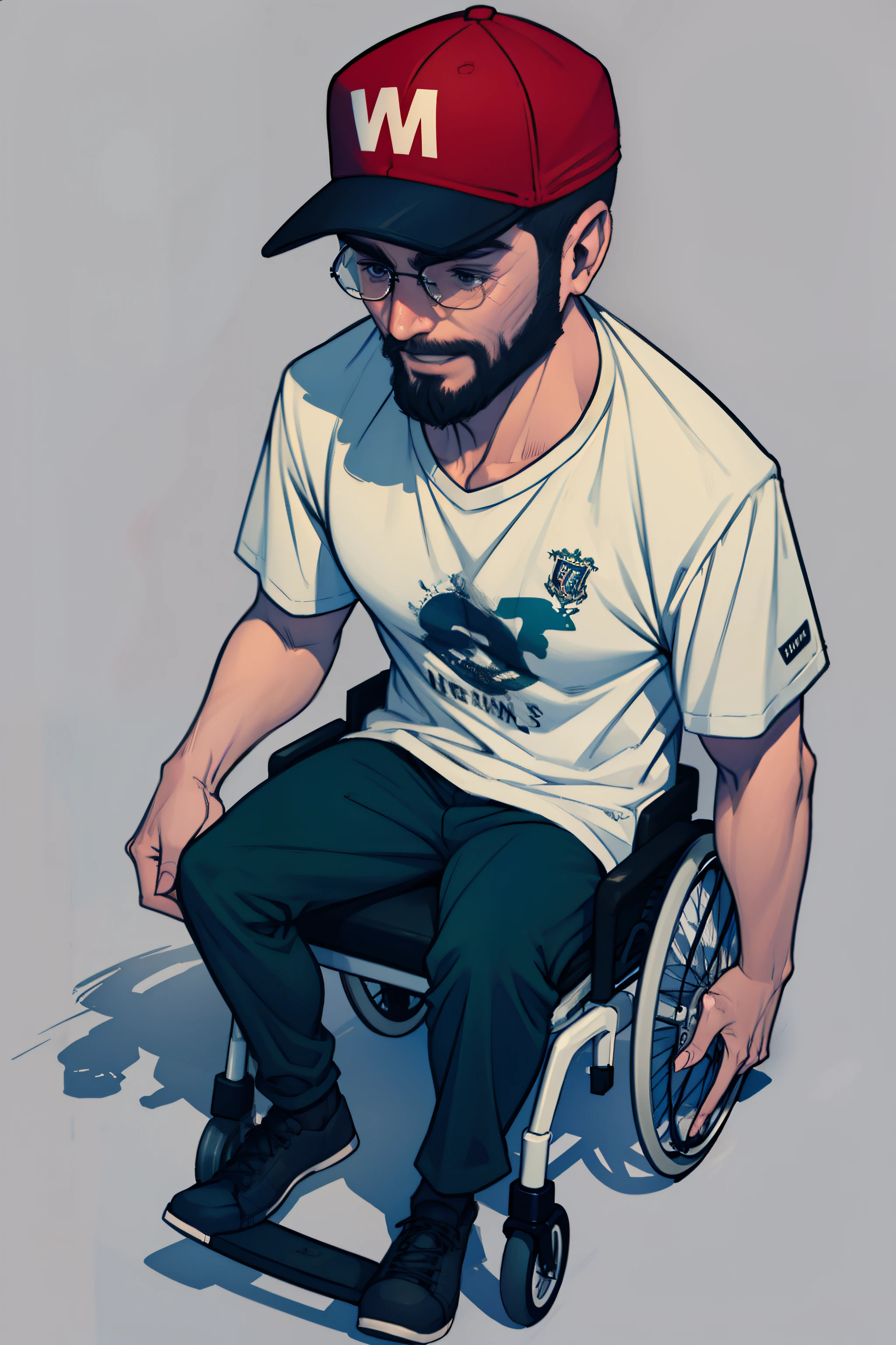 Um homem de meia-idade, with a physical disability and a motorized wheelchair, wearing a sports T-shirt and cap.