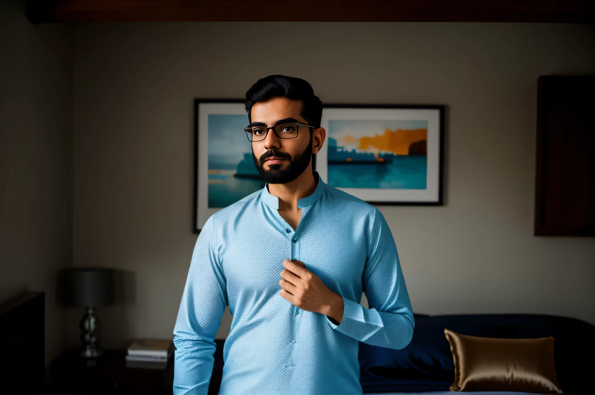 there is a man in a blue shirt and glasses standing in a bedroom, wearing a kurta, mid shot portrait, wearing a silk kurta, a portrait of rahul kohli, portrait shot 8 k, shot on sony a 7 iii, portrait shot, shot with sigma f/ 4.2, shot with sigma f / 4. 2, with glasses and goatee
