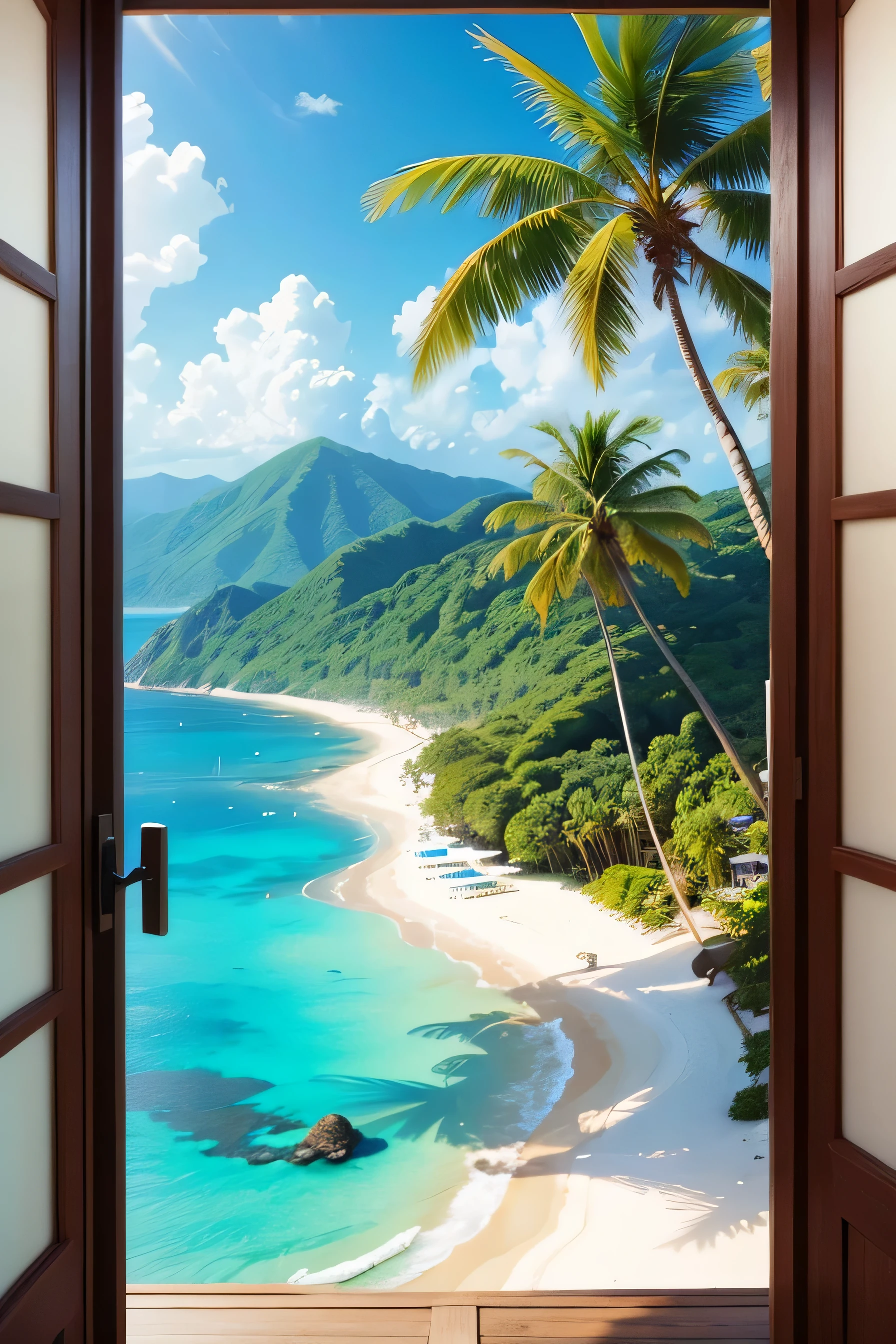 (highest quality,4K,High resolution,masterpiece:1.2),Sunny landscape,Beach,Coconut Tree,Crystal clear seawater,Mountains on the horizon々,Vibrant colors,Sparkling waves,Serene atmosphere,Sandy coastline,Fresh ocean breeze,blue sky,Gentle waves lap,Summer atmosphere,Warm sunshine,calm horizon,soft sandy Beach,View of Quiet Sea,Tropical paradise,Swaying coconut tree,White Sand,blue sea,Turquoise Sea,relaxing Beach scene,Endless Horizon,calming waves,Lush greenery,Quiet Sea,Tropical breeze,Vibrant atmosphere,Sunlit palm trees,Clear blue water,tranquil Beach,A tranquil bay surrounded by palm trees,Paradise Destination,secluded Beach,Fascinating coastal scenery,Calm coastal scenery,Pristine environment,Untouched beauty,Exotic vacation,secluded paradise,exclusive Beach retreat,Unparalleled natural beauty,remote idyllic Beach,An unspoiled tropical paradise,Picturesque coastal scenery,ethereal Beachscape