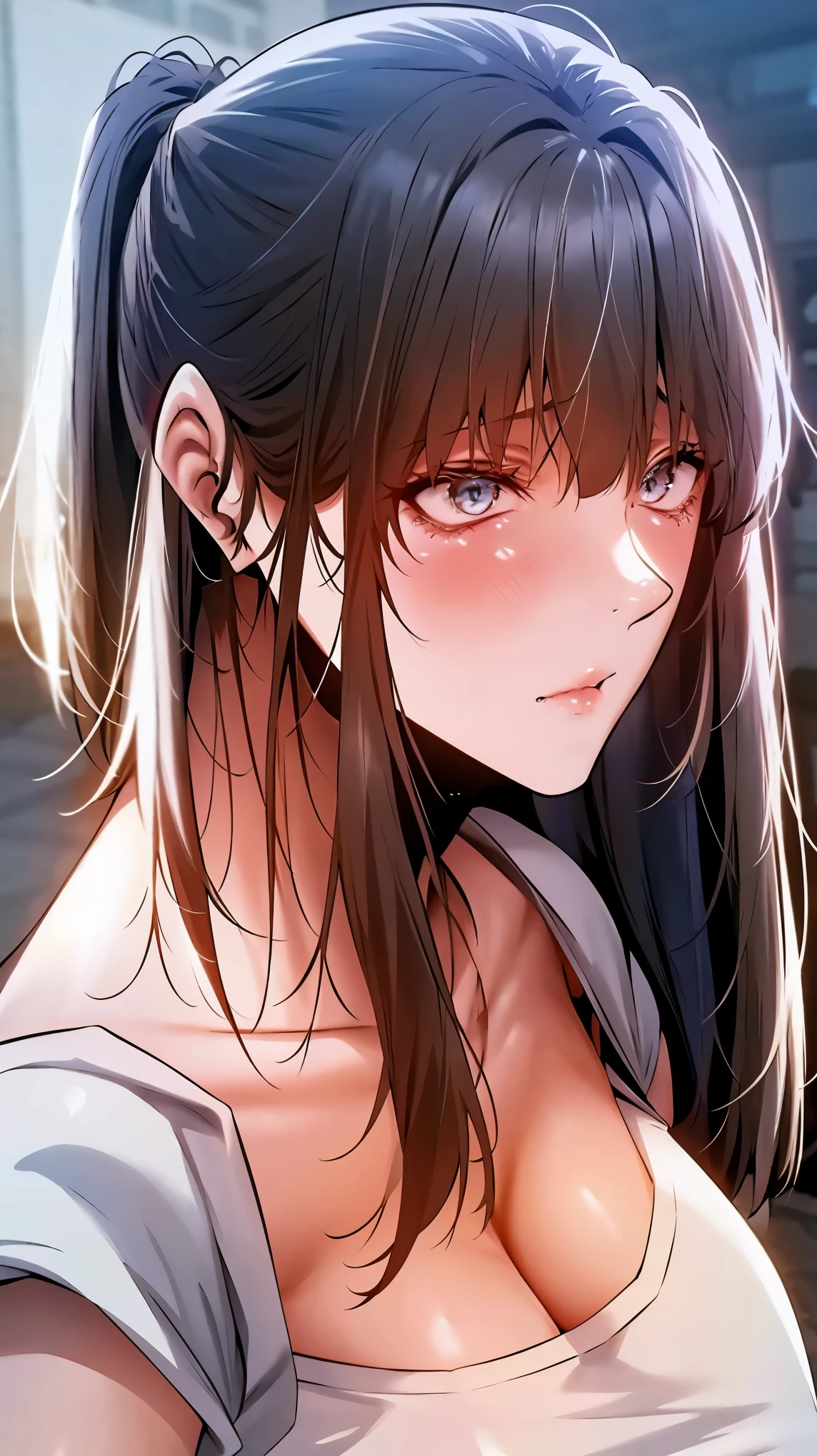 Girl&#39;s face with ponytail hair, blue eyes, wearing a short white t-shirt