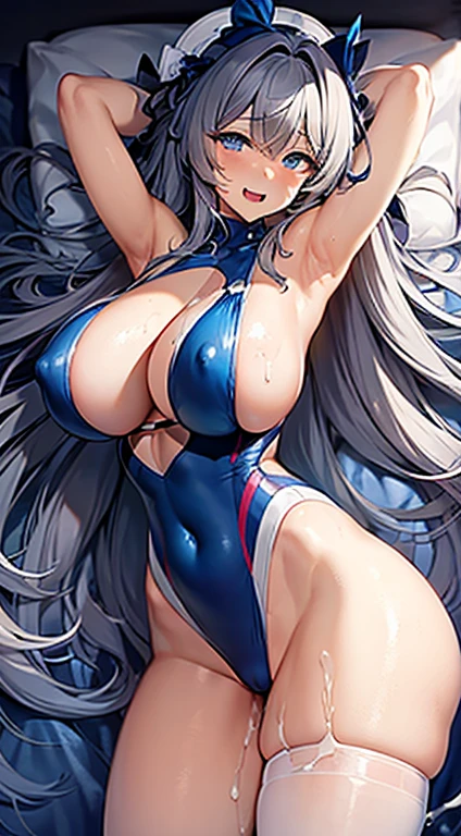 Very large breasts、Nipples、Provocative Swimsuit、Gray Hair、Long Hair、Sexy Face、blue long gloves、Blue swimsuit、Purple eyes、White Hair、Very large breasts、Squirting、Being pushed onto the bed、Massive Creampie、straight hair、V-shaped swimsuit