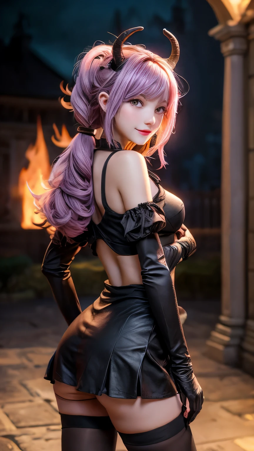 best quality, highres,anime,devil,(gray skin,goth_punk),pink hair,polish,vanpire,(grin:0.5),gaping maw,
holding scale, scale,fire,solo, gloves, horns, elbow gloves, navel cutout, breasts, navel, smile, thighhighs, twin braids,
clothing cutout, braid, grin, sketch, skirt, purple gloves, purple hair, pink hair, medium breasts, brown eyes, long hair, bangs,
standing, from back,
(looking away:1.3),
in the aristocratic mansion in the 1600s, inside a mansion, in the style of dark and ominous, a dimly lit atmosphere,
purple thighhighs
