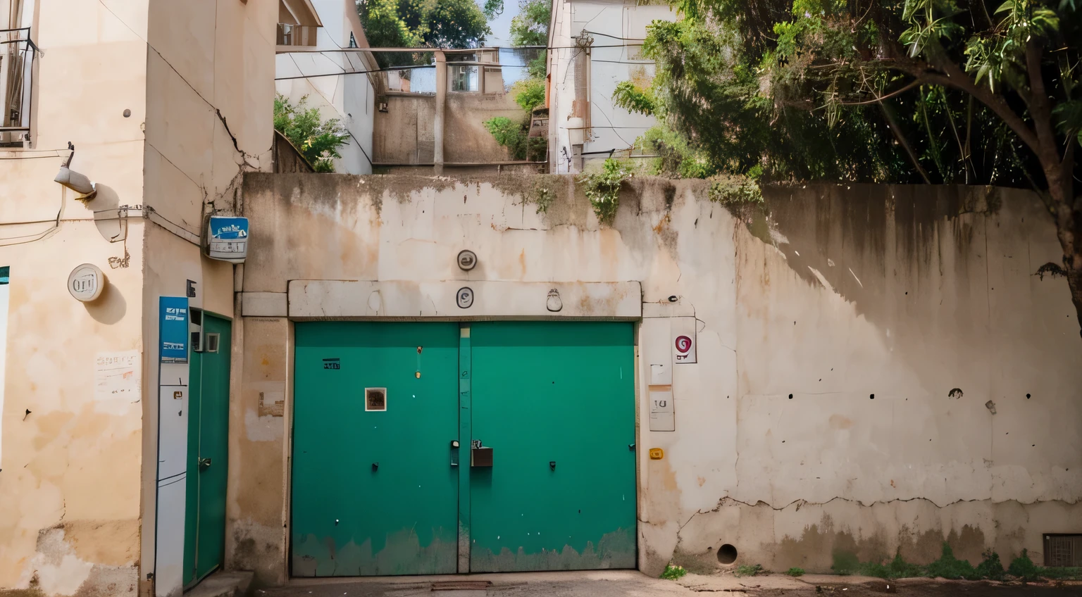 ,muro em uma Rua vazia, deserta, com cartazes na parede