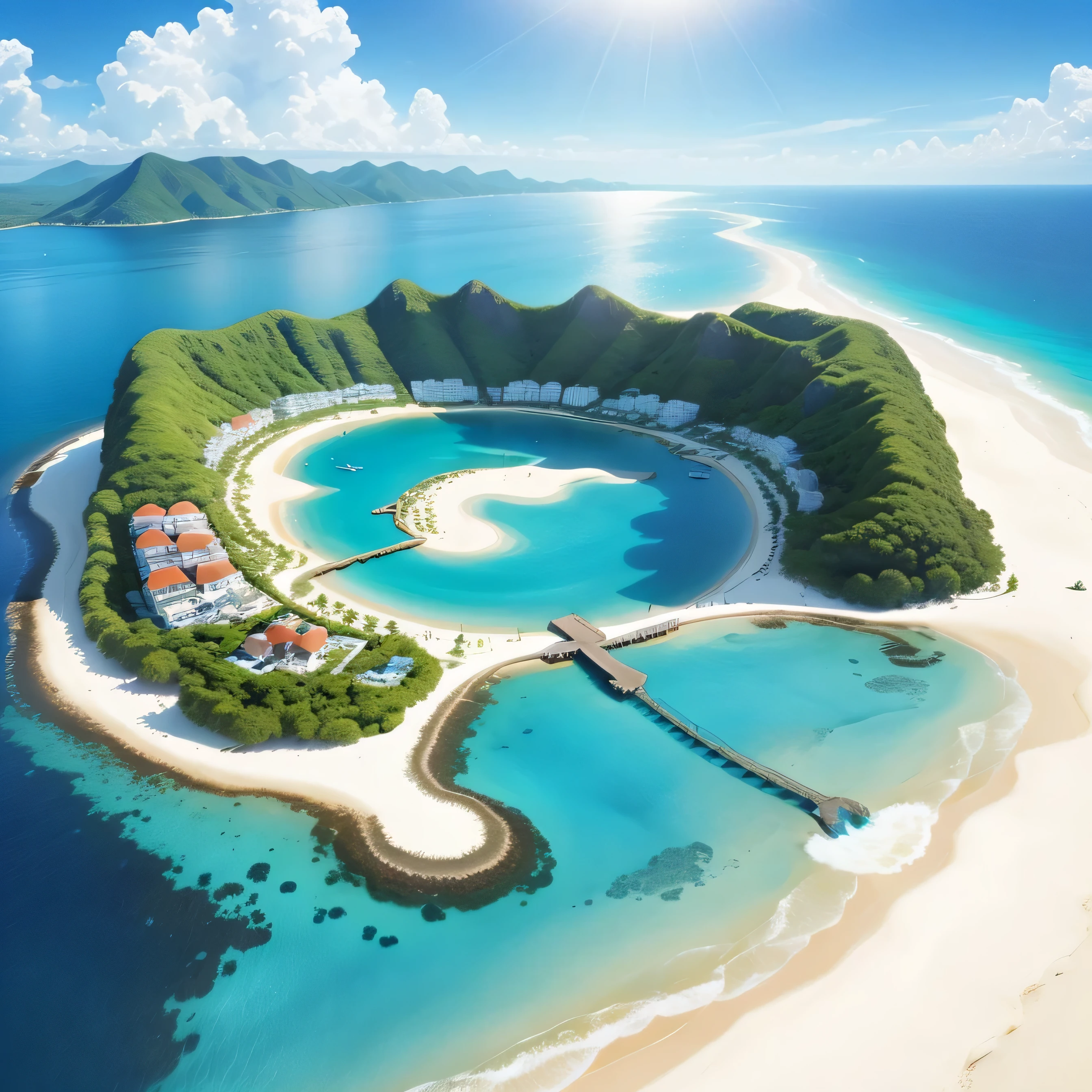 Build a paradise island,  amazing natural beauty, Lots of sunlight, Around the crystal blue sea, Swimming dolphins.