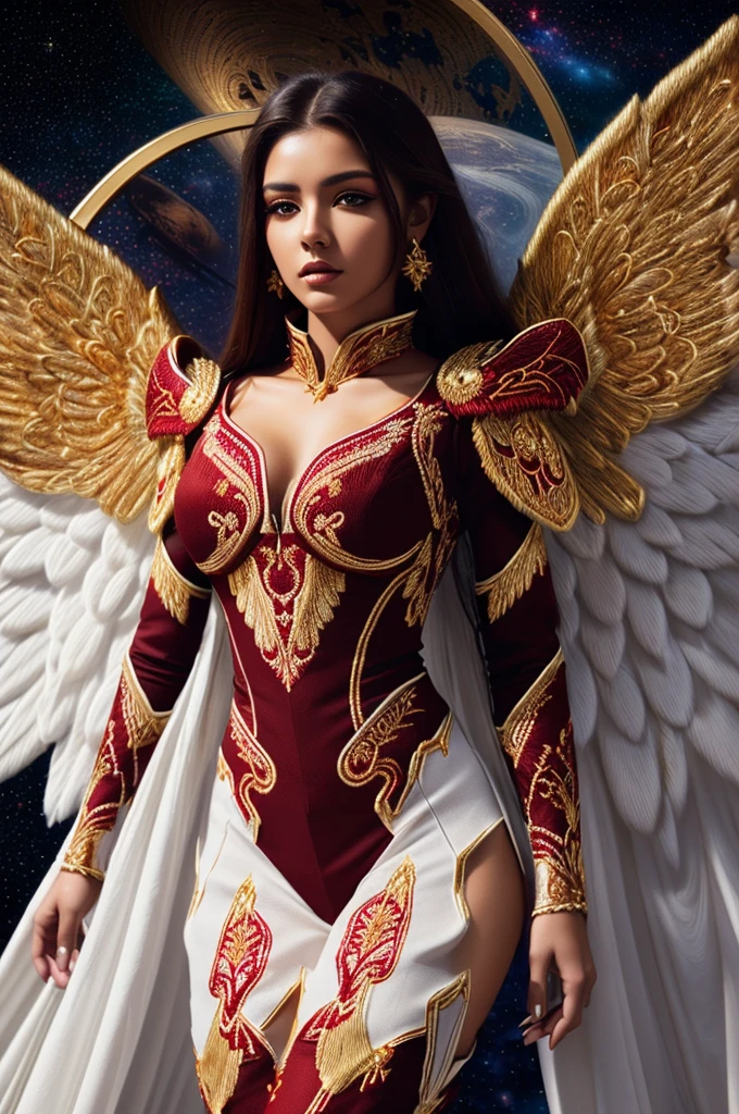 Best quality, 8K,woman, beautiful and detailed face, straight long hair,big eyelashes,(((dark red and gold embroided space armour))),((big open angel´s WHITE wings)),armlets,black belt,high heels over the knee boots,white neutral scenario,DYNAMIC ANGLE, ((dynamic pose))
