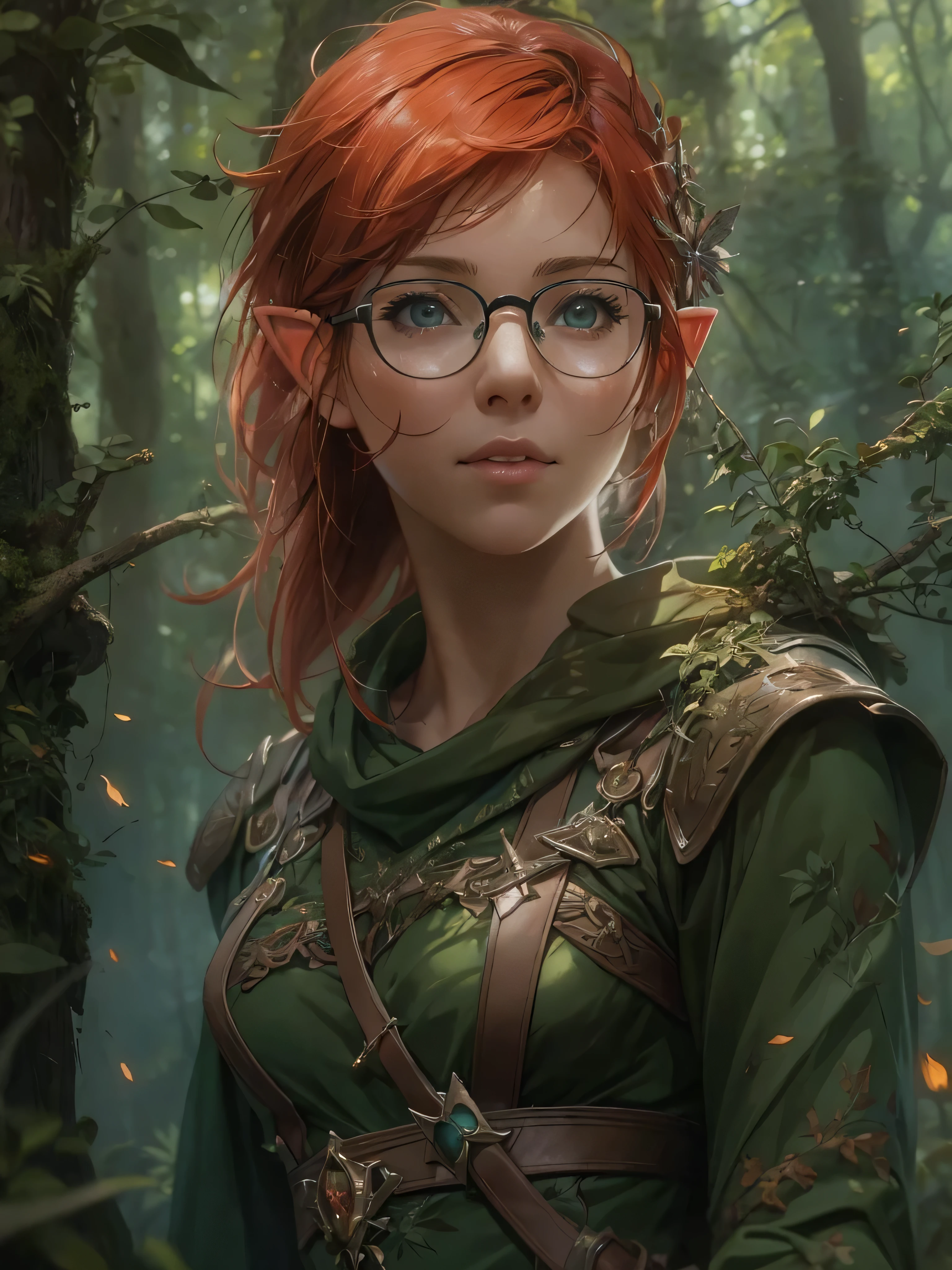 (by Greg Rutkowski: 1.2), (masterpiece), ((best quality)), extremely delicate and beautiful, illustration, (fantasy landscape), A mesmerizing fantasy with enchanting elements blending seamlessly. ((Short, Red hair, green eyes, metal frame glasses, smile woman elf in the forest, dressed in forest outfit with arrows and bow, on the tree, perfect body, perfect face, full body shot)), HD. elegance. photorealism. Unreal engine.  From Brian Froud and Carne Griffiths and Wadim Kashin and John William Waterhouse, 8K post-production, high resolution, hyperdetailed, depth of field, HDR, intricate