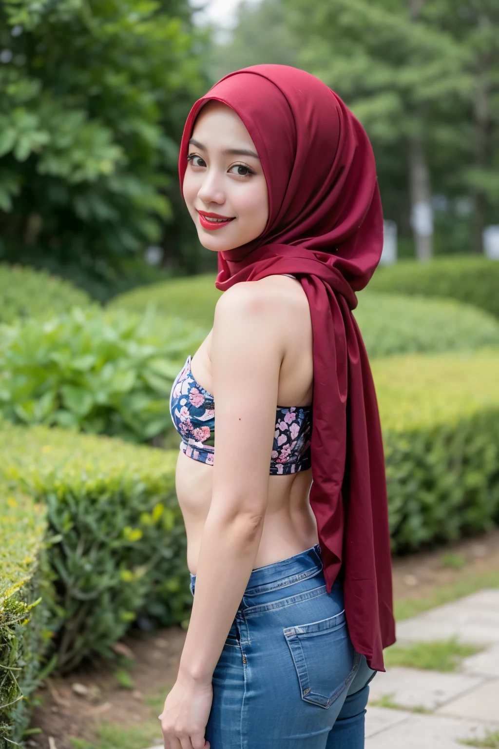 (Happy smile), (((HIJAB MALAY GIRL))), masutepiece, High quality, UHD 32K, Realistic face, Realistic skin feeling , A Japanese Lady, 8 , , Very cute and baby-like face, (((FLAT CHEST))), (Night time at forest), ((look In front at the camera and SADNESS)), ((())), (((CUTE GIRL))), ((RED LIPS)), ((Floral Pattern)) little wearing strapless bra, strapless colorful bra, dark night horror scary place (from behind up) seductive pose
