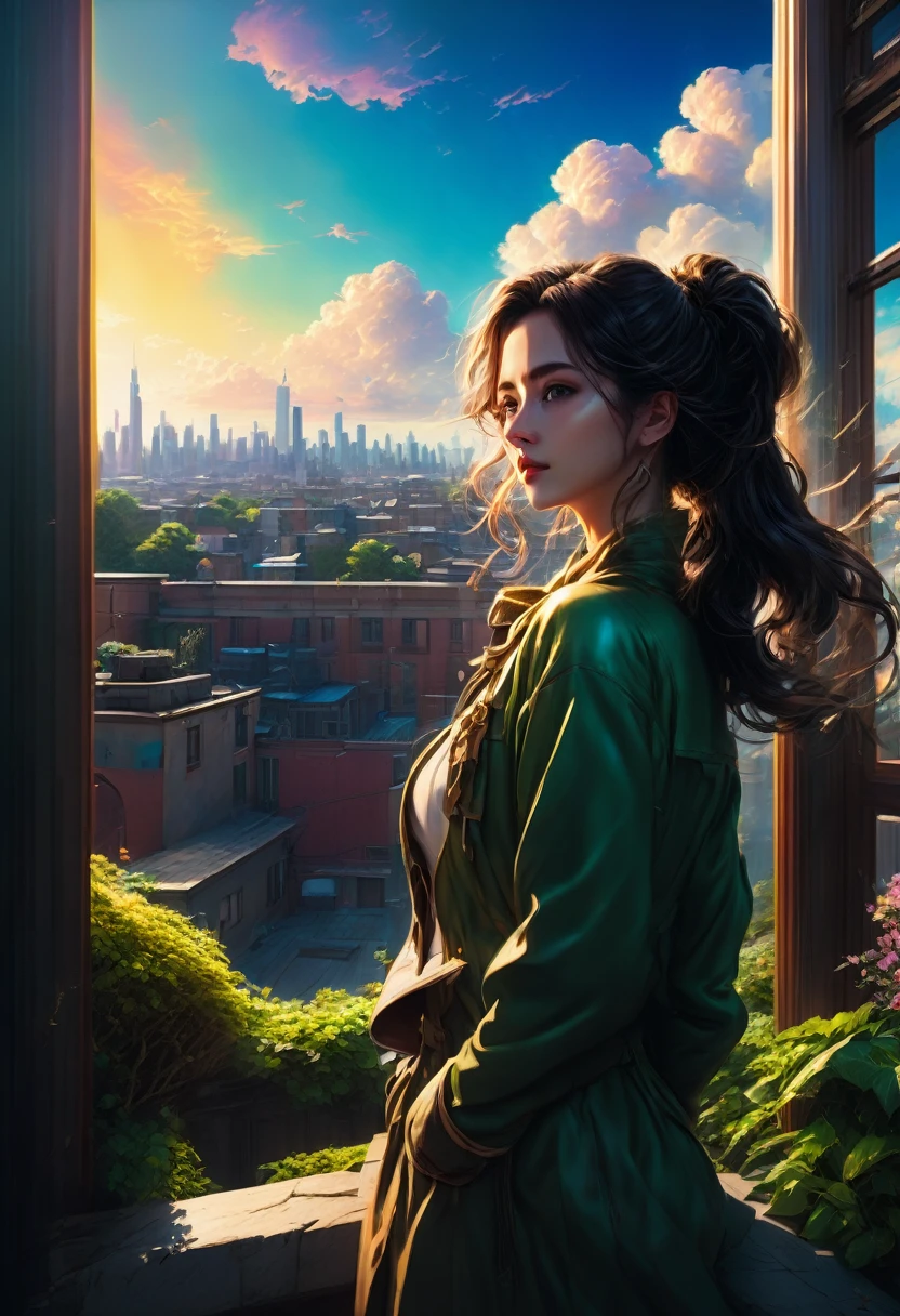 1girl,Person Standing on the Rooftop,aesthetic,okujyou,scenery,sky,fence,cloud,blue sky,outdoors,rooftop,building,day,cityscape,shadow,chain-link fence,city,(best quality,4k,8k,highres,masterpiece:1.2),ultra-detailed,(realistic,photorealistic,photo-realistic:1.37),HDR,UHD,studio lighting,ultra-fine painting,sharp focus,physically-based rendering,extreme detail description,professional,vivid colors,bokeh,portraits,landscape,colorful,overlooking,serene,peaceful,tranquil,sunlit,contemplative,striking silhouette,picturesque scenery,immersive,dreamy ambiance,sophisticated styling,elegant,touch of nostalgia,lush greenery,relaxing atmosphere